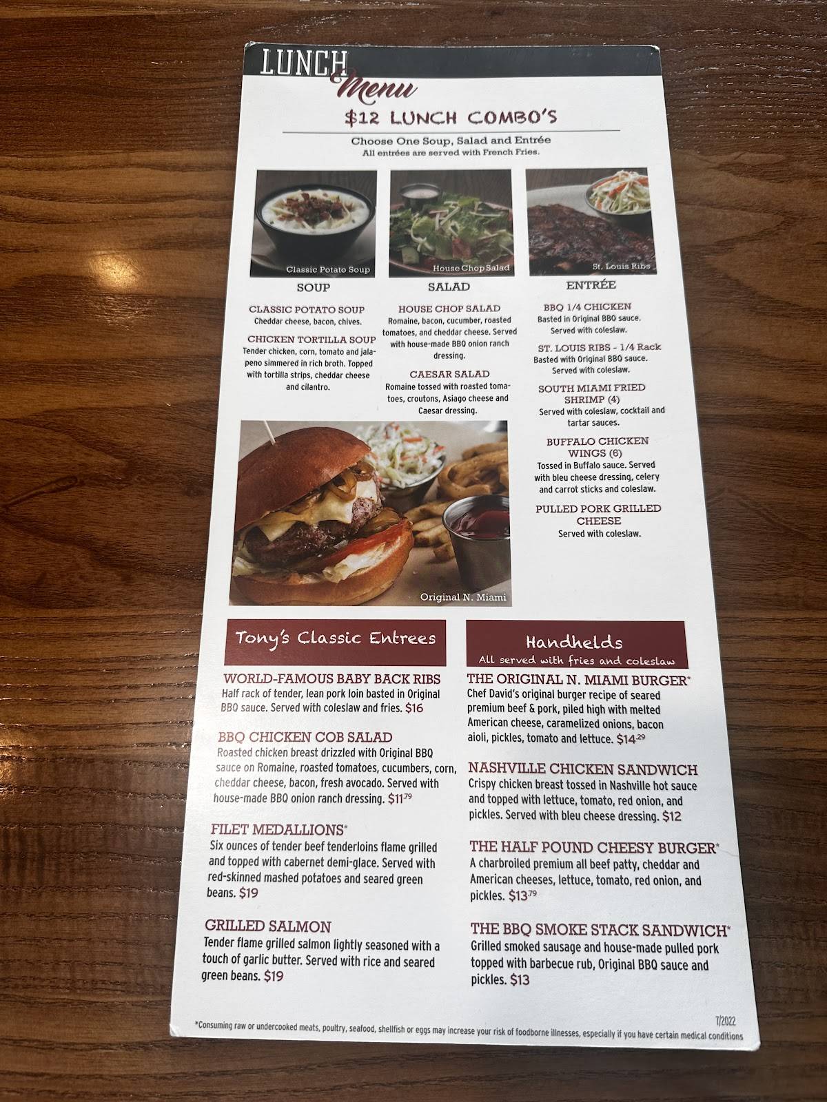 Tony Roma's меню