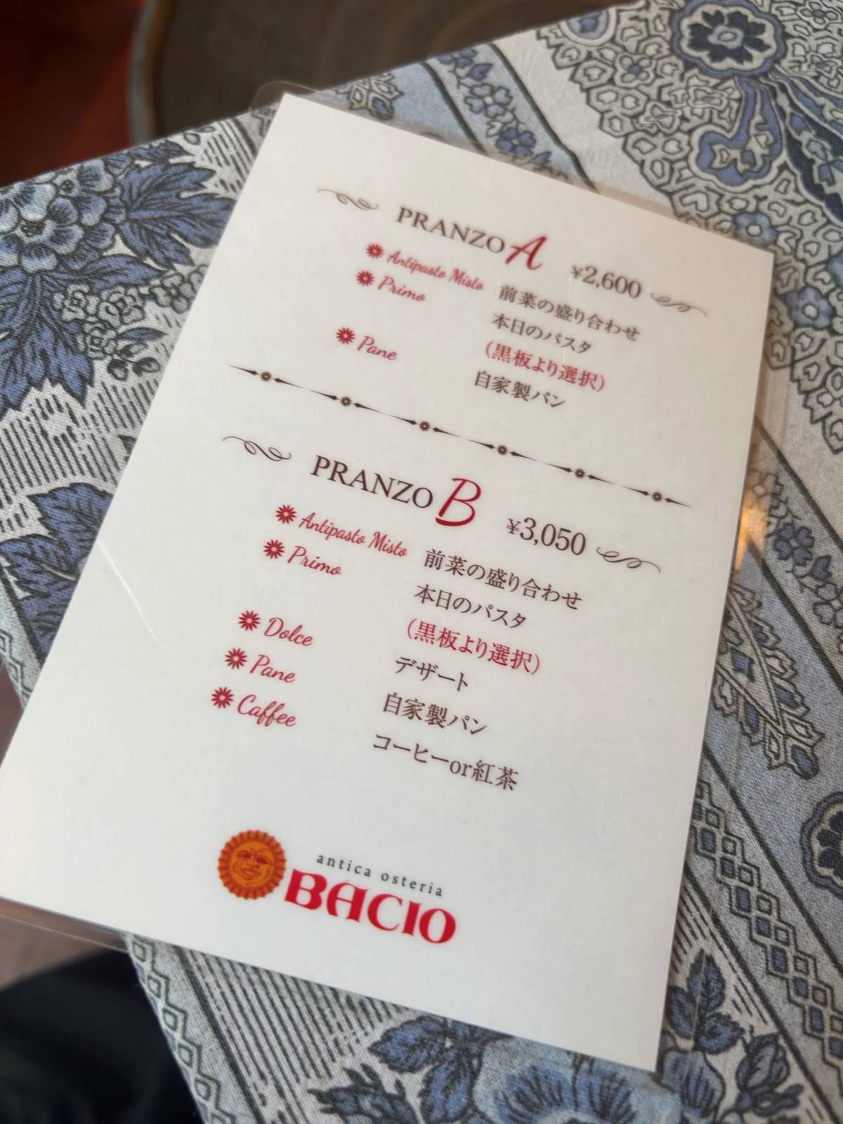 Bacio меню
