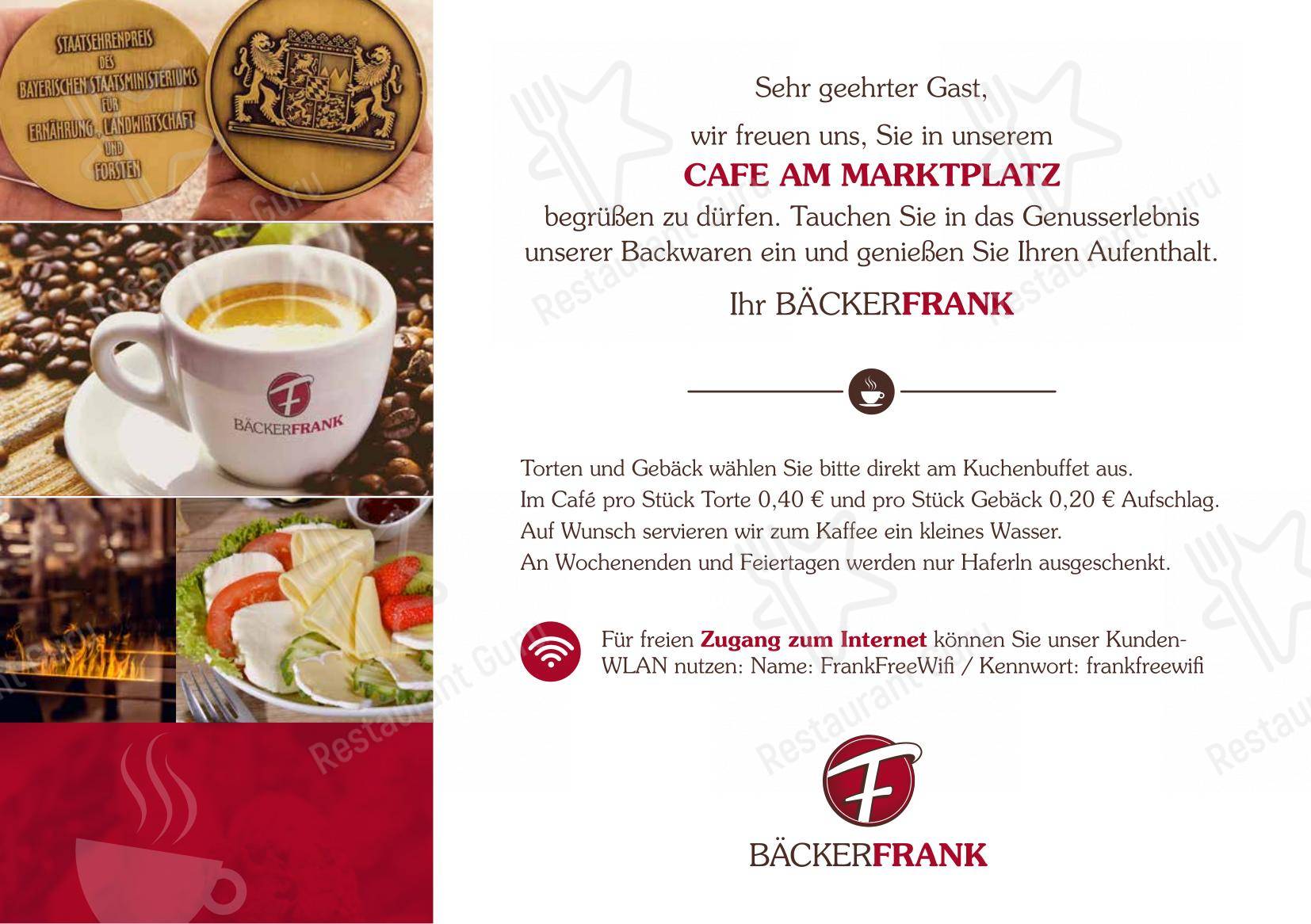 菜单 кафе Bäcker Frank Cafe am Marktplatz