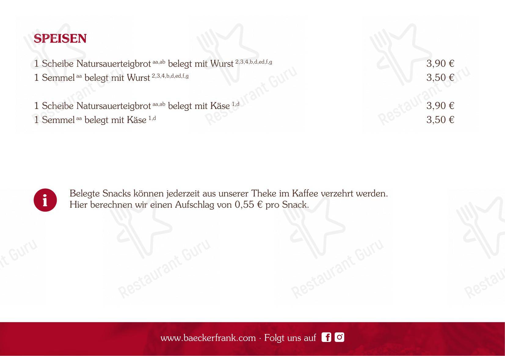 Меню кафе Bäcker Frank Cafe am Marktplatz - 菜单