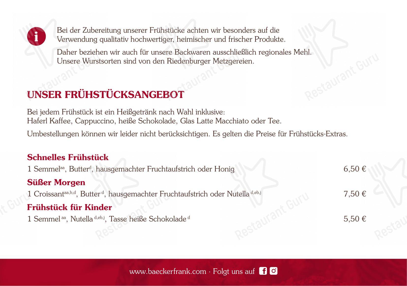 Меню кафе Bäcker Frank Cafe am Marktplatz - 菜单