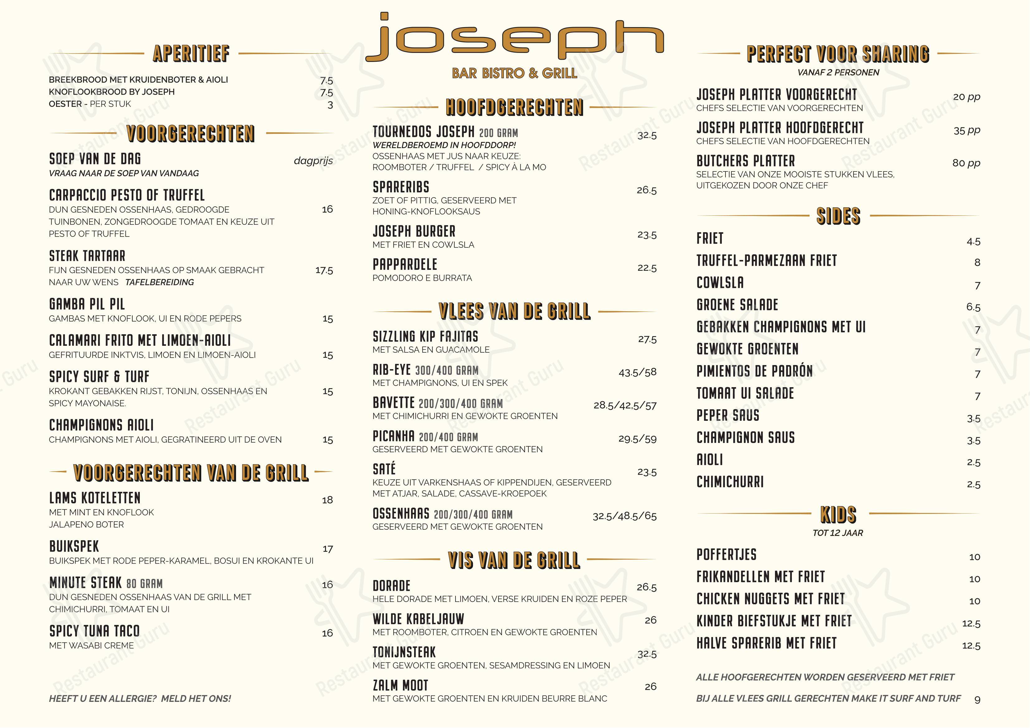 Меню паба и бара Bar Bistro Joseph в Хофддорпе
