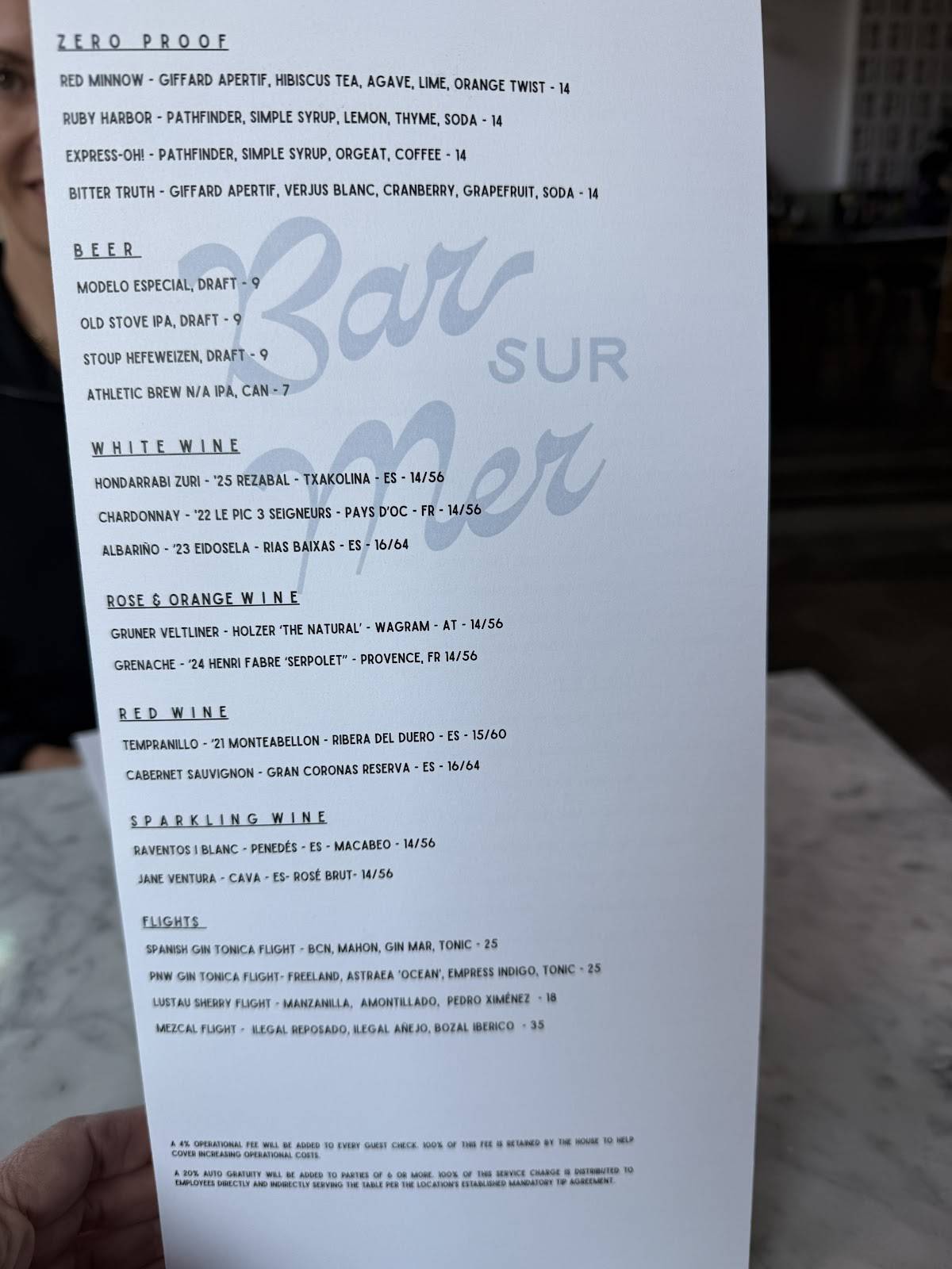Bar Sur Mer меню