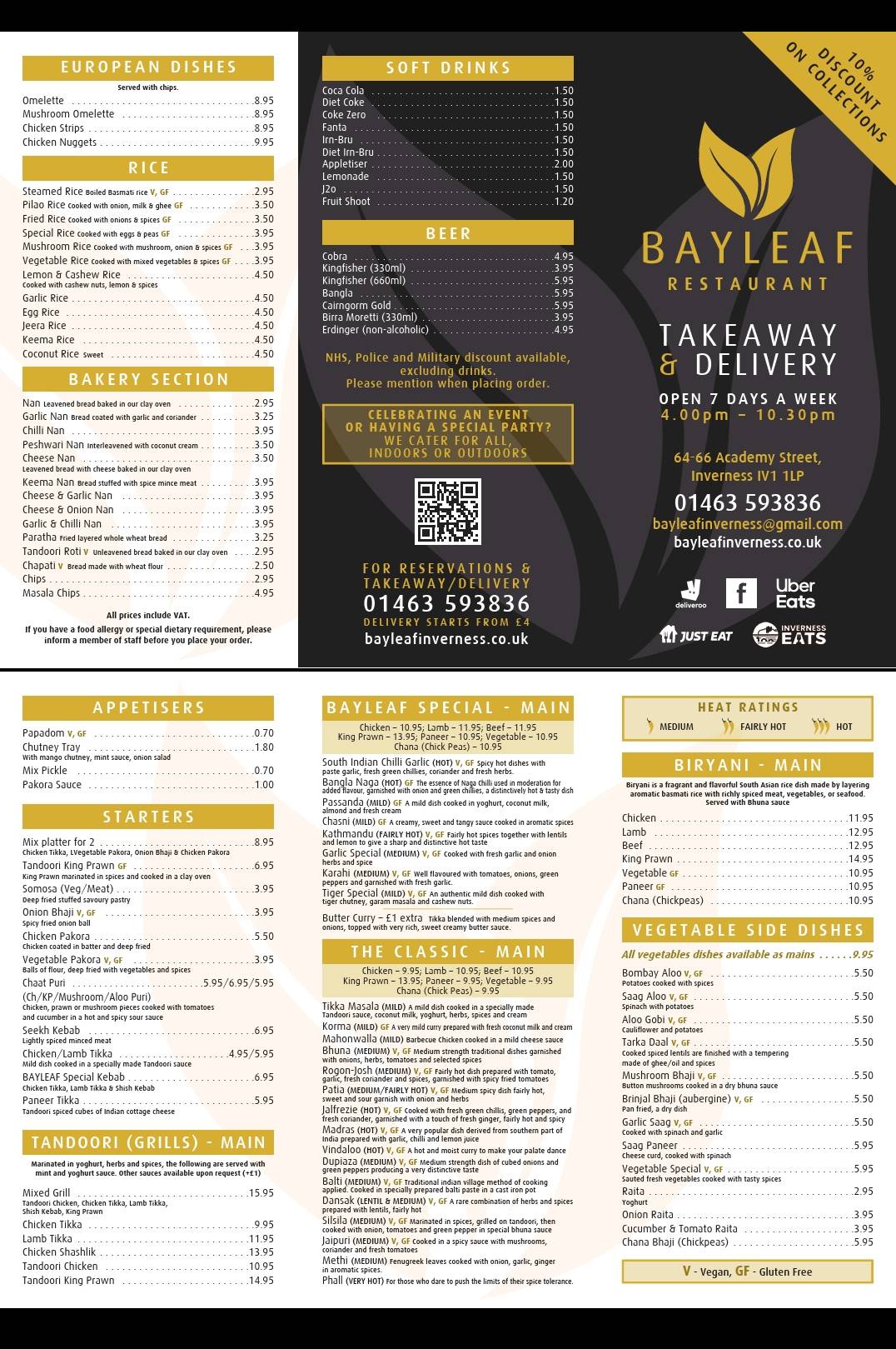 Bayleaf Restaurant Inverness меню