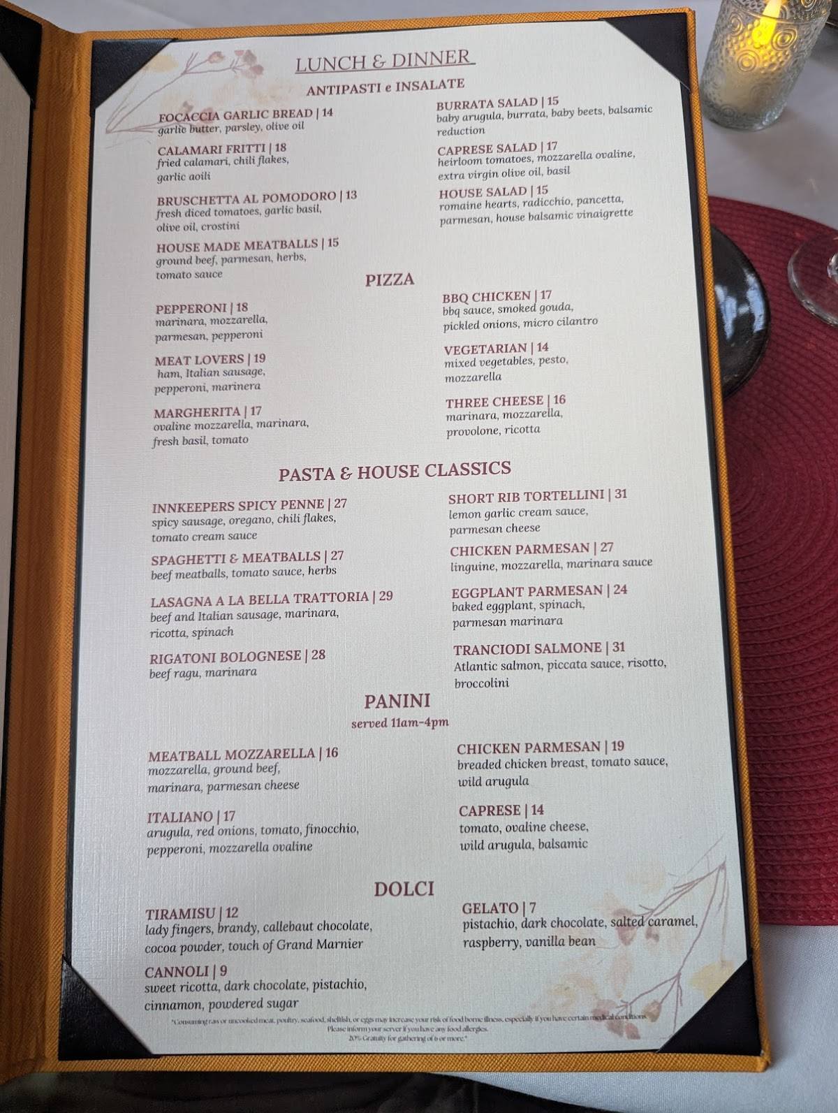 Bella Trattoria Italian Bistro меню
