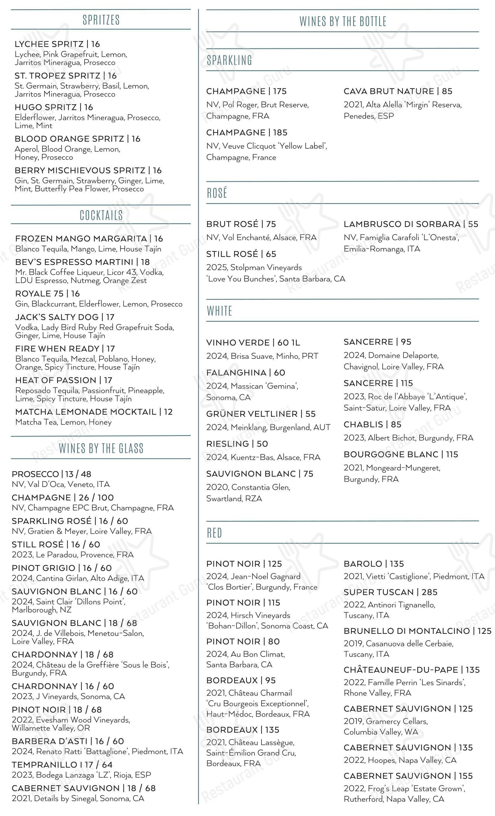 Меню напитков паба и бара Beverley’s Bistro and Bar в Далласе