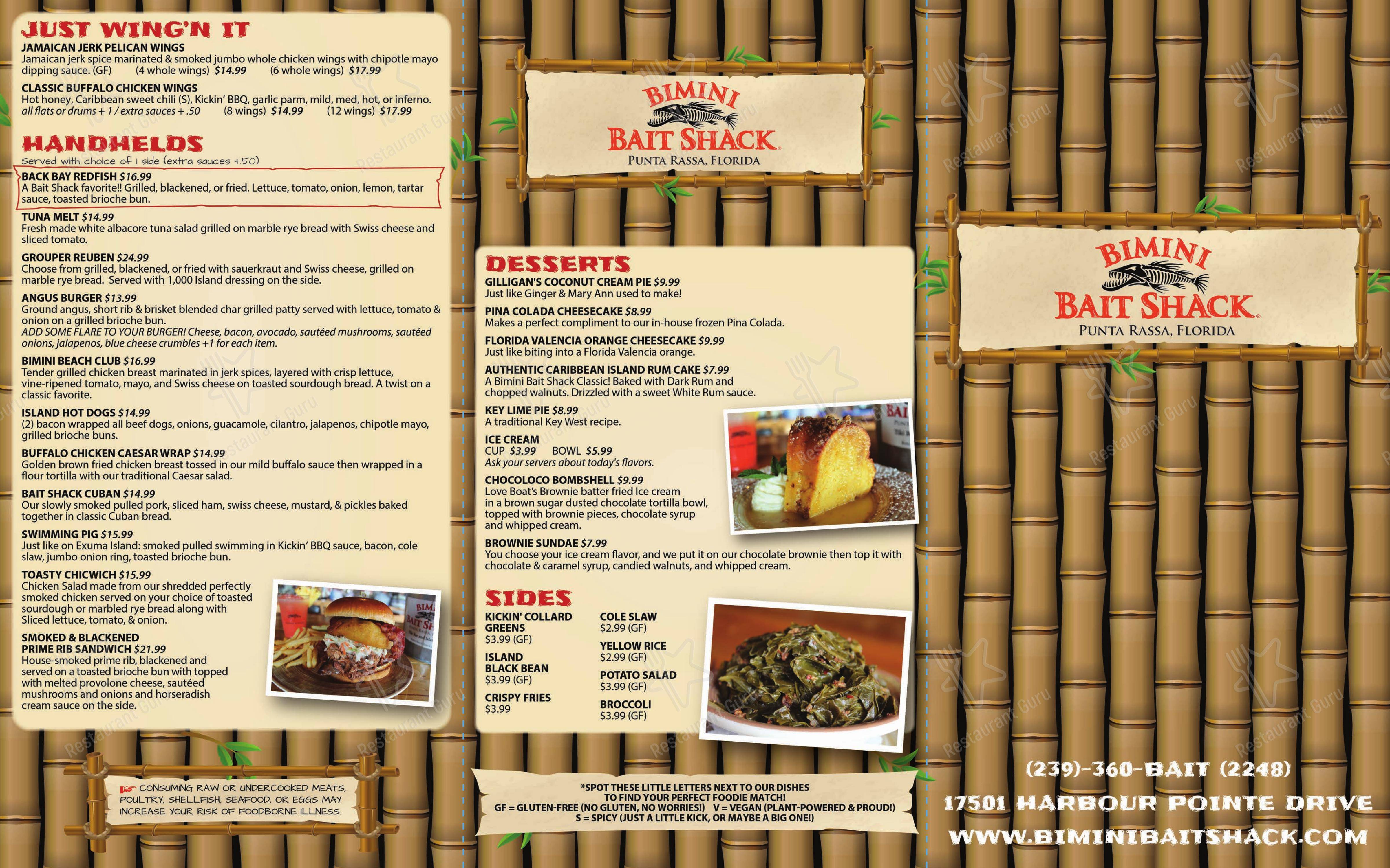 Меню паба и бара Bimini Bait Shack в Пунте-Рассе