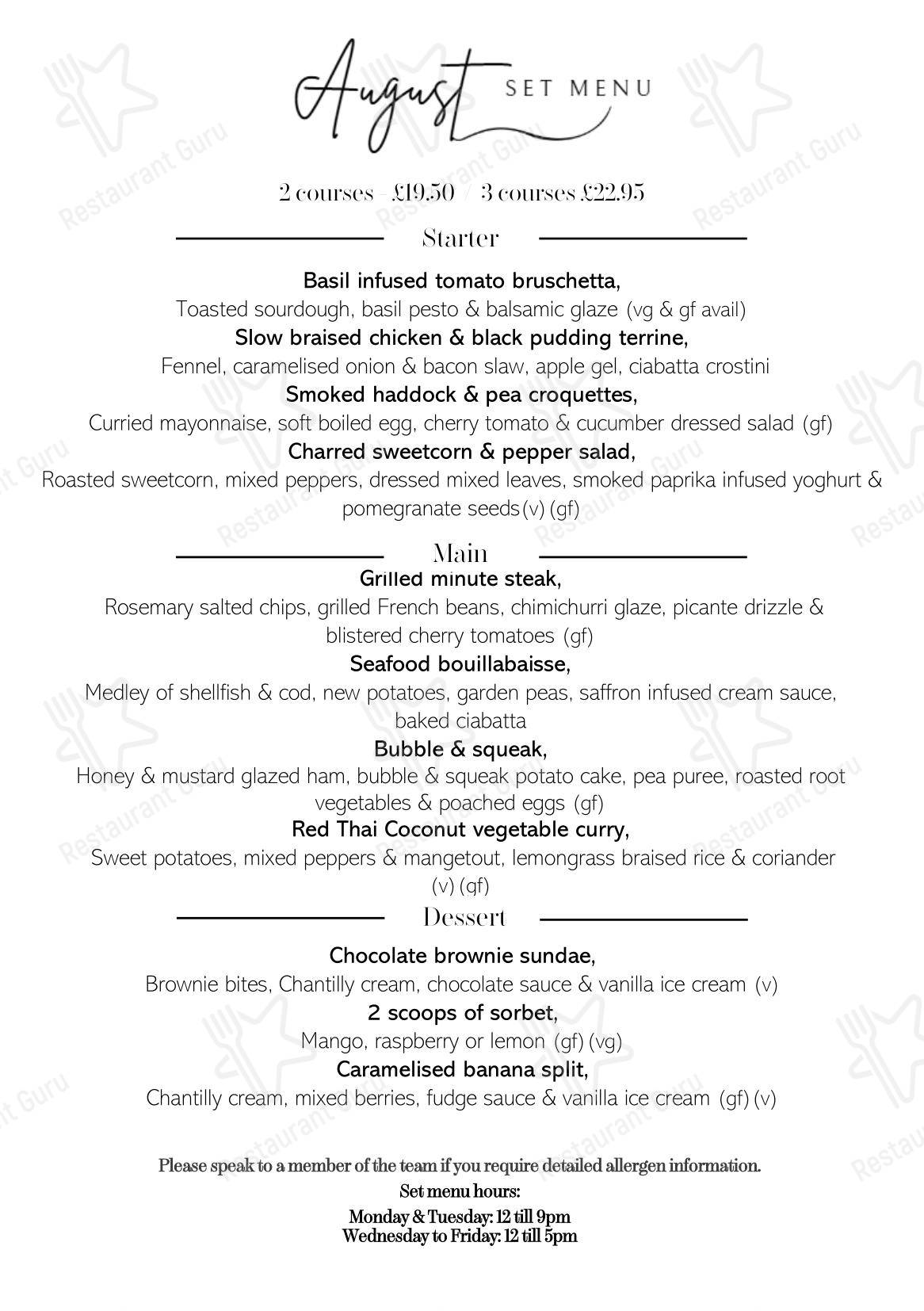 Меню паба и бара Bird In Hand - Mayford - Dinner Menu