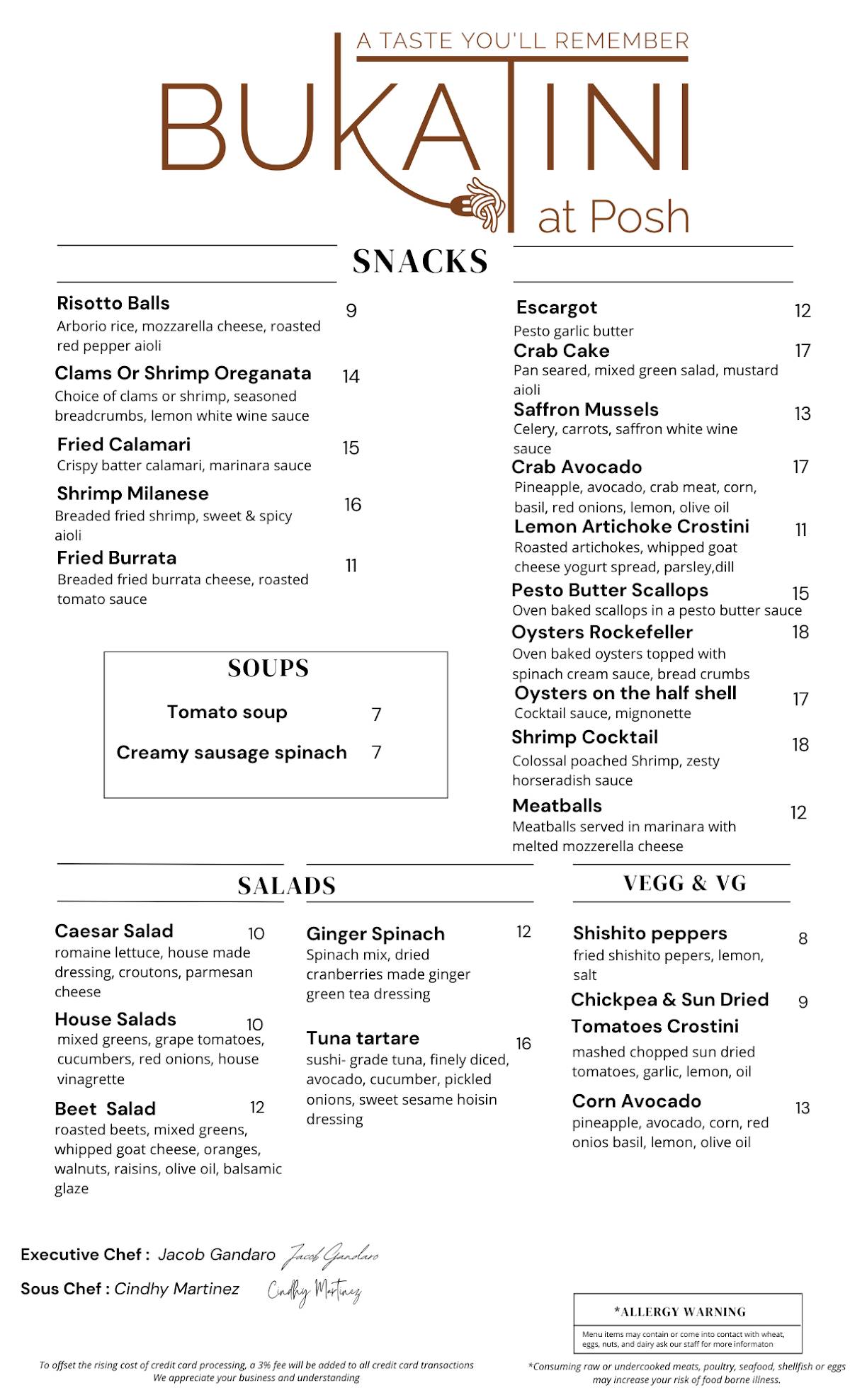 Bukatini at Posh меню