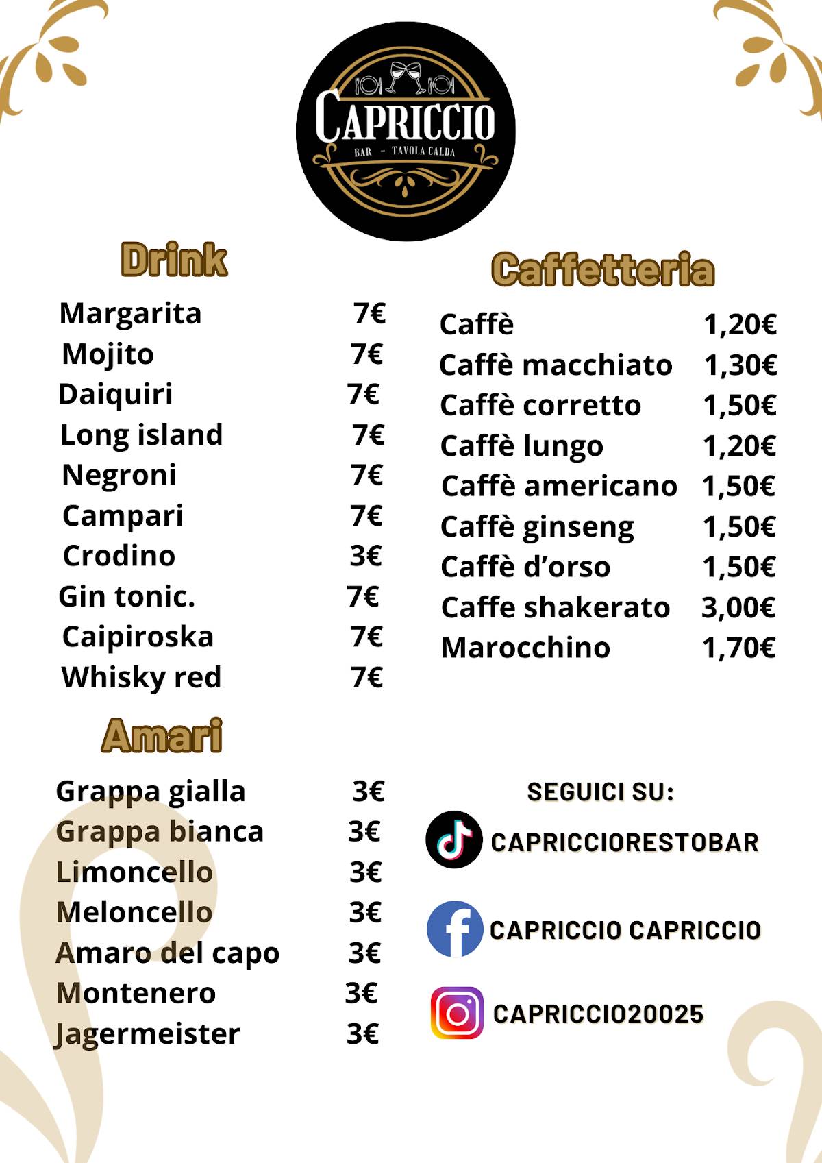 CAPRICCIO RESTOBAR меню