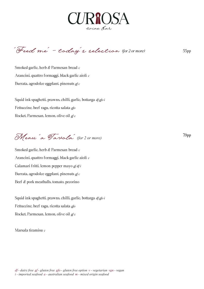 CURIOSA Wine Bar меню