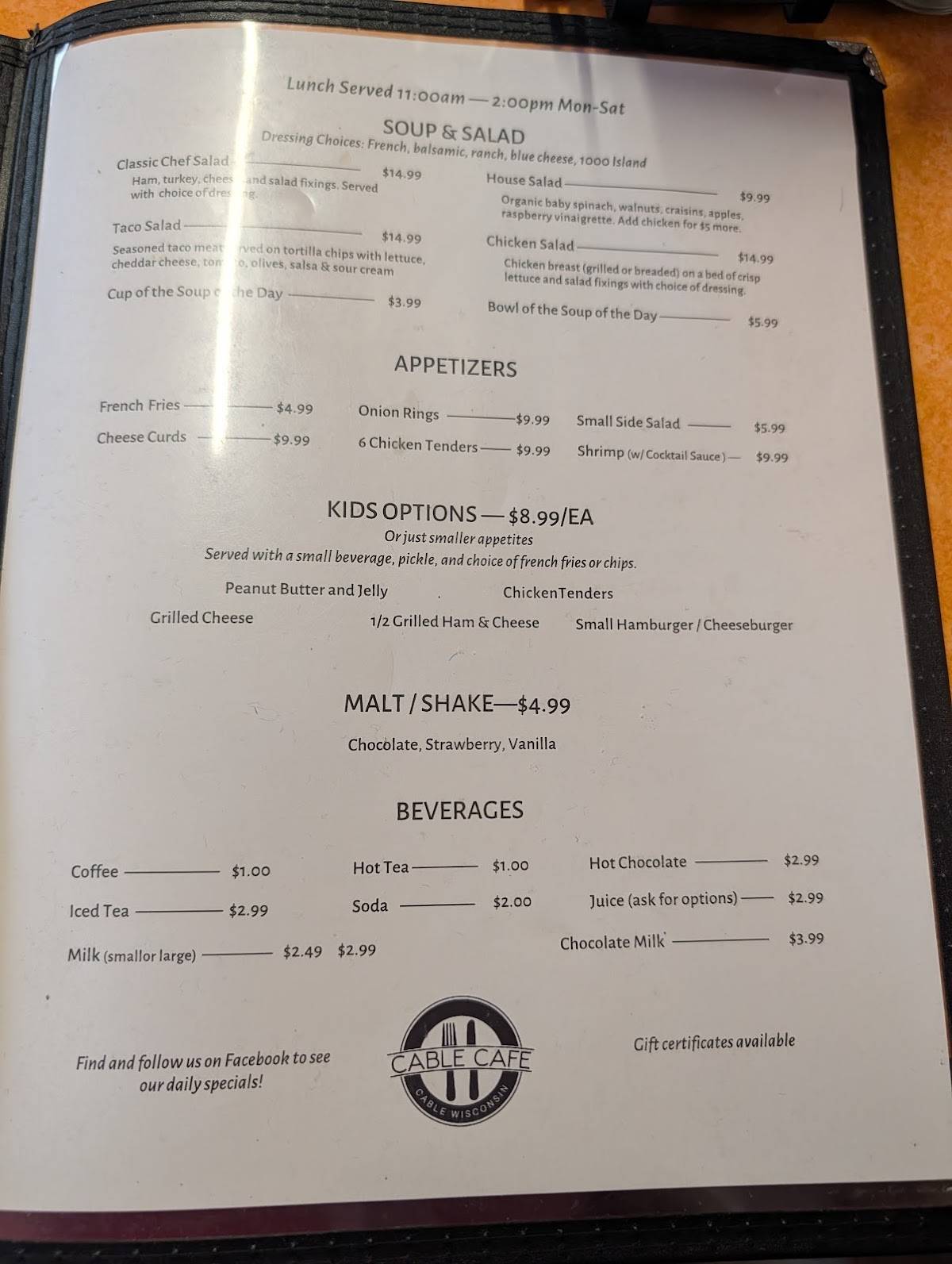 Cable Cafe меню