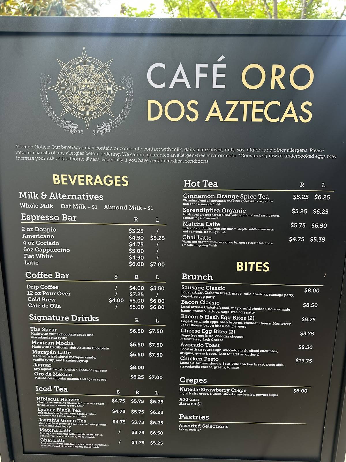 Cafe Oro Dos Aztecas меню