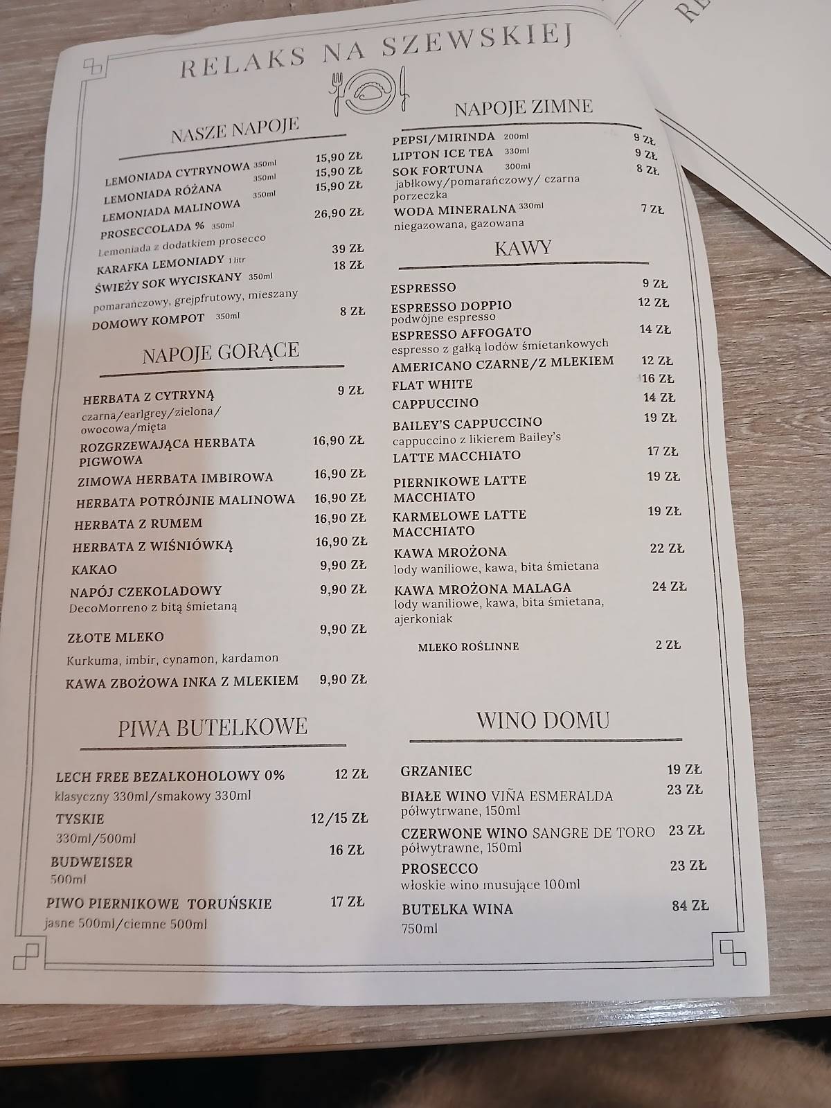 Cafe Relaks na Szewskiej меню