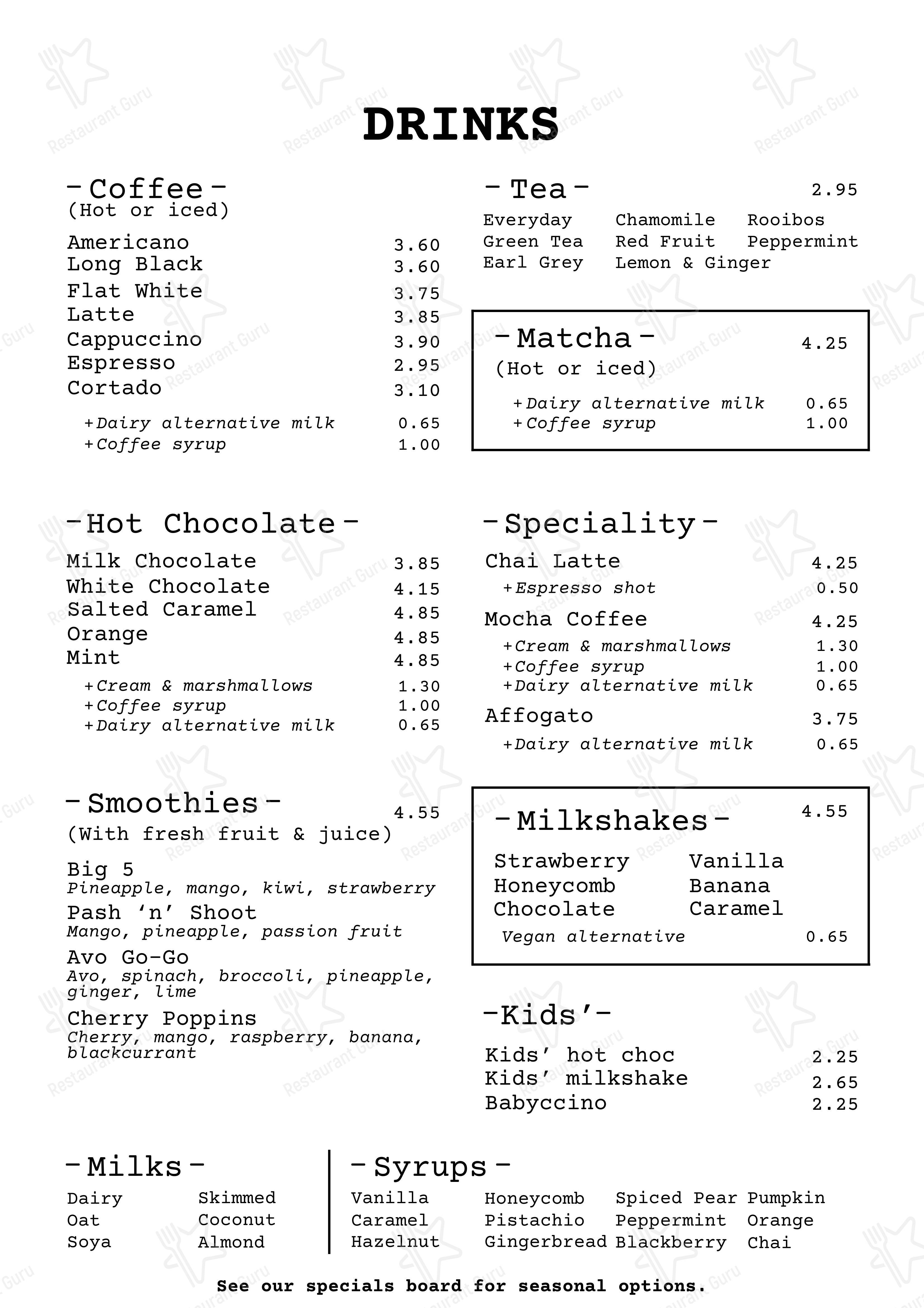 Cafe Sobar в Ноттингеме - Меню
