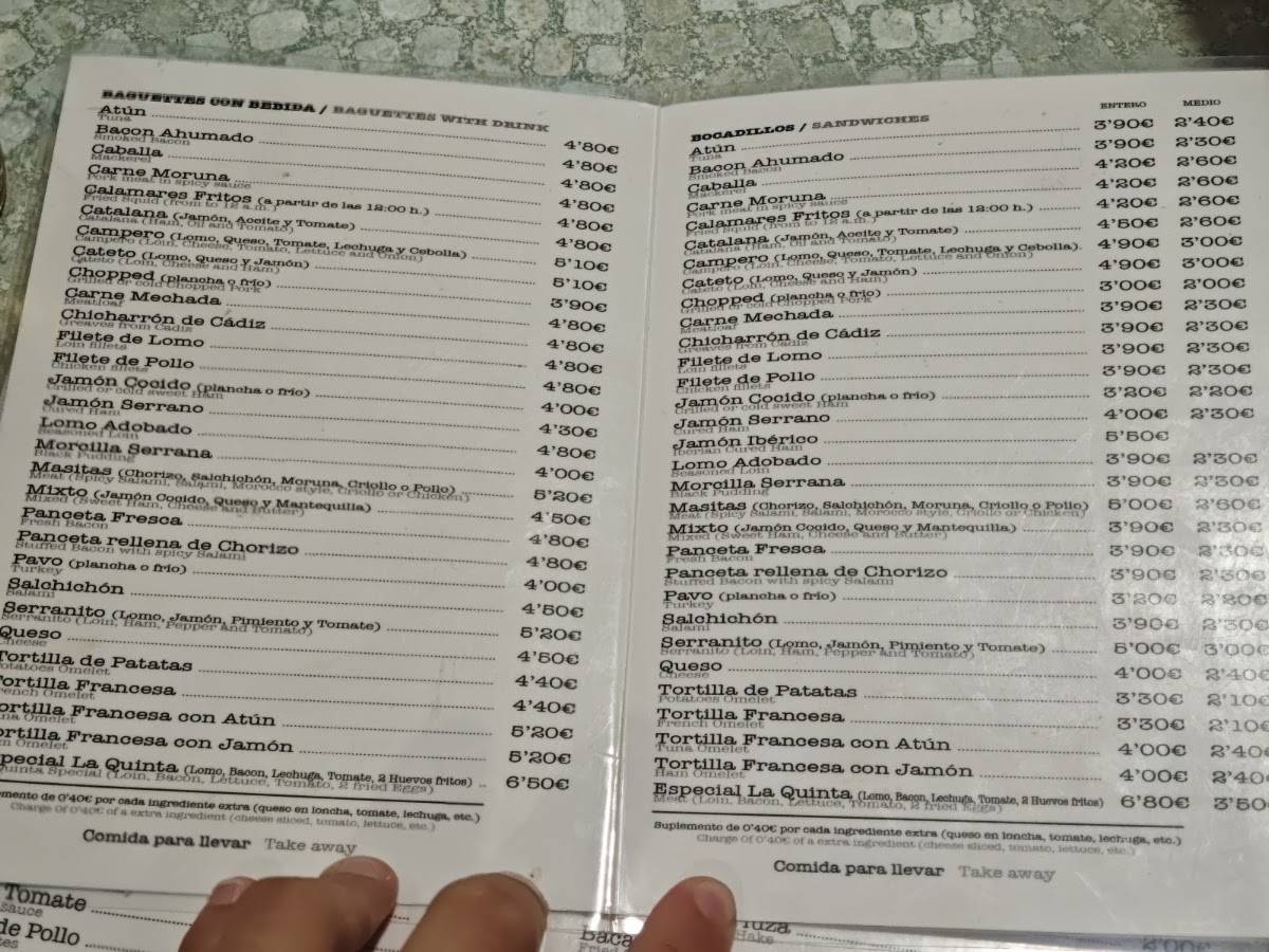 Cafeteria Bar La Quinta меню