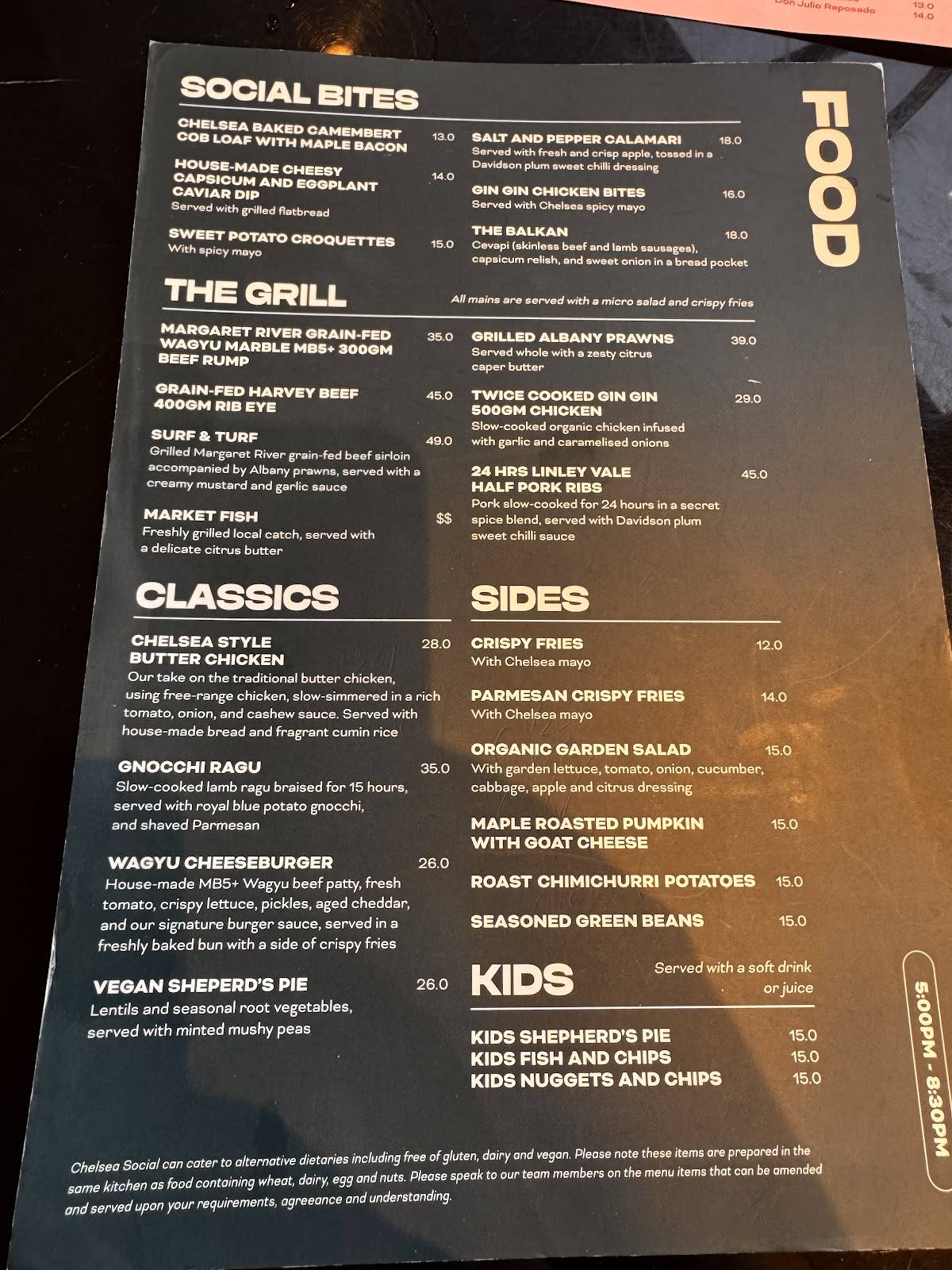 Chelsea Social Bar & Restaurant меню