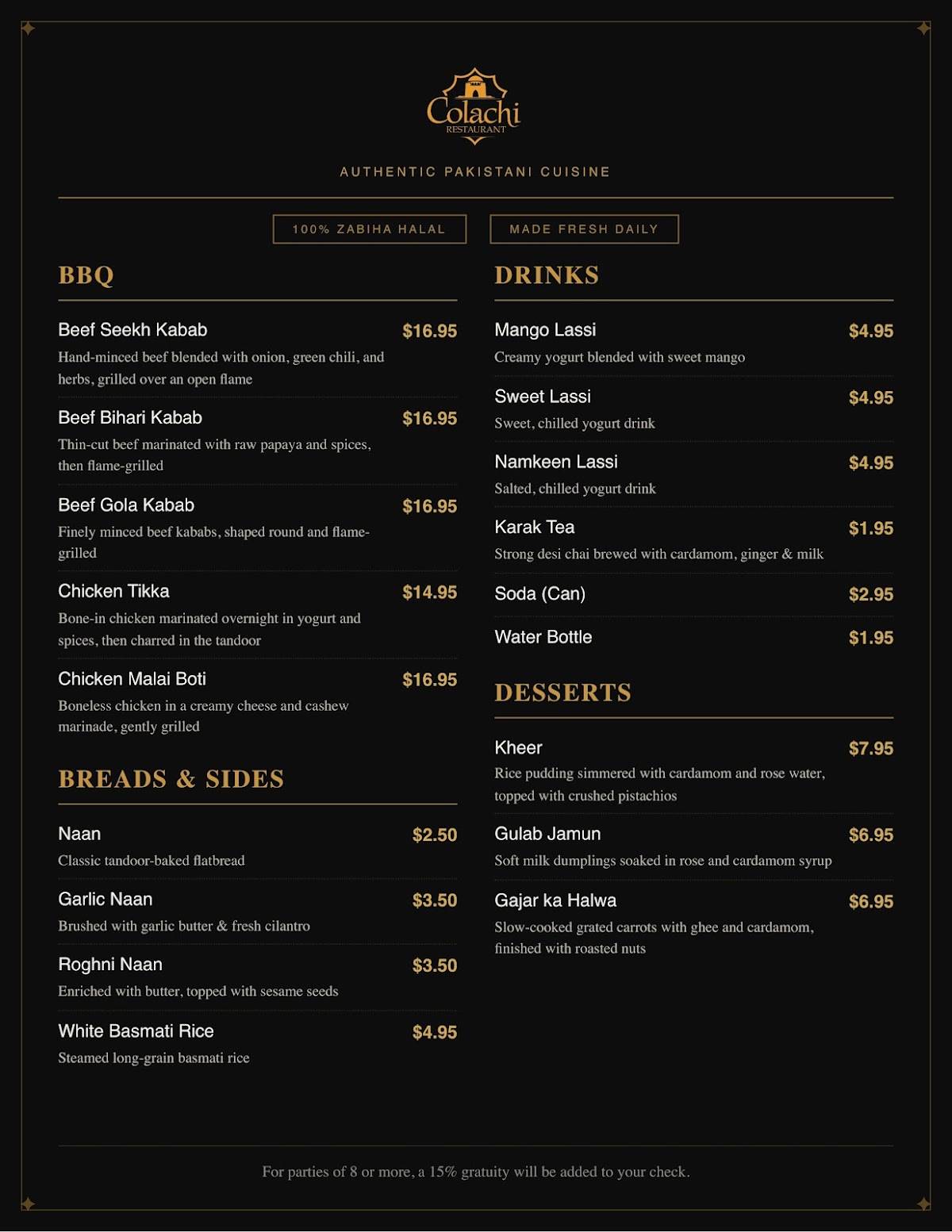 Colachi Halal Pakistani Restaurant меню