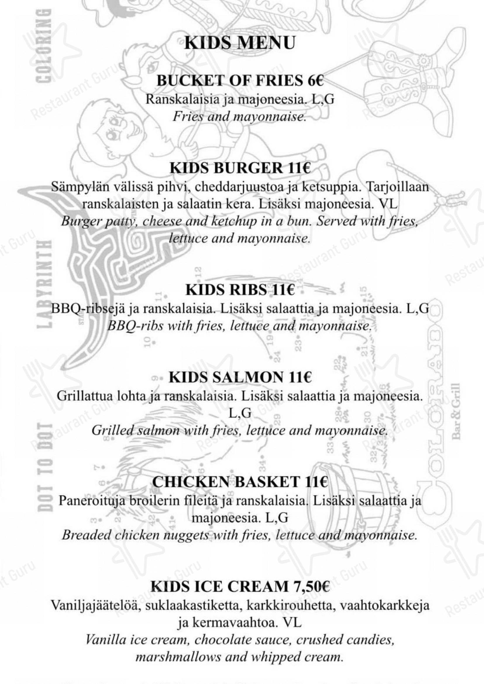 Меню напитков ресторана Colorado Bar & Grill Levi в Киттиле