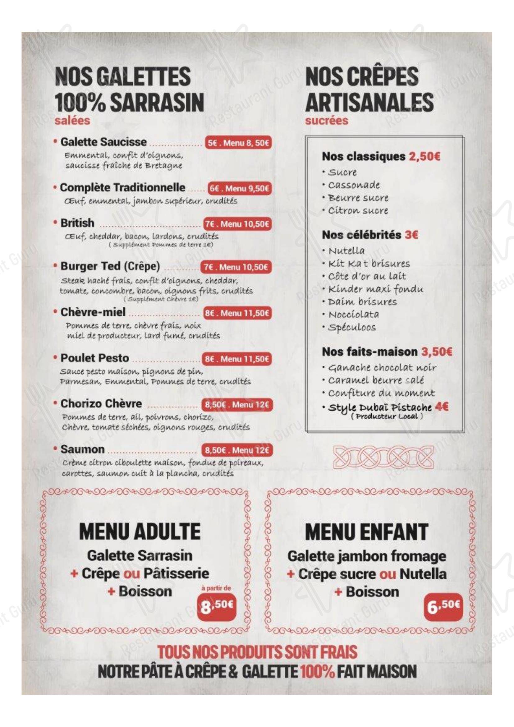 Crêperie Ted в Рубе - Меню