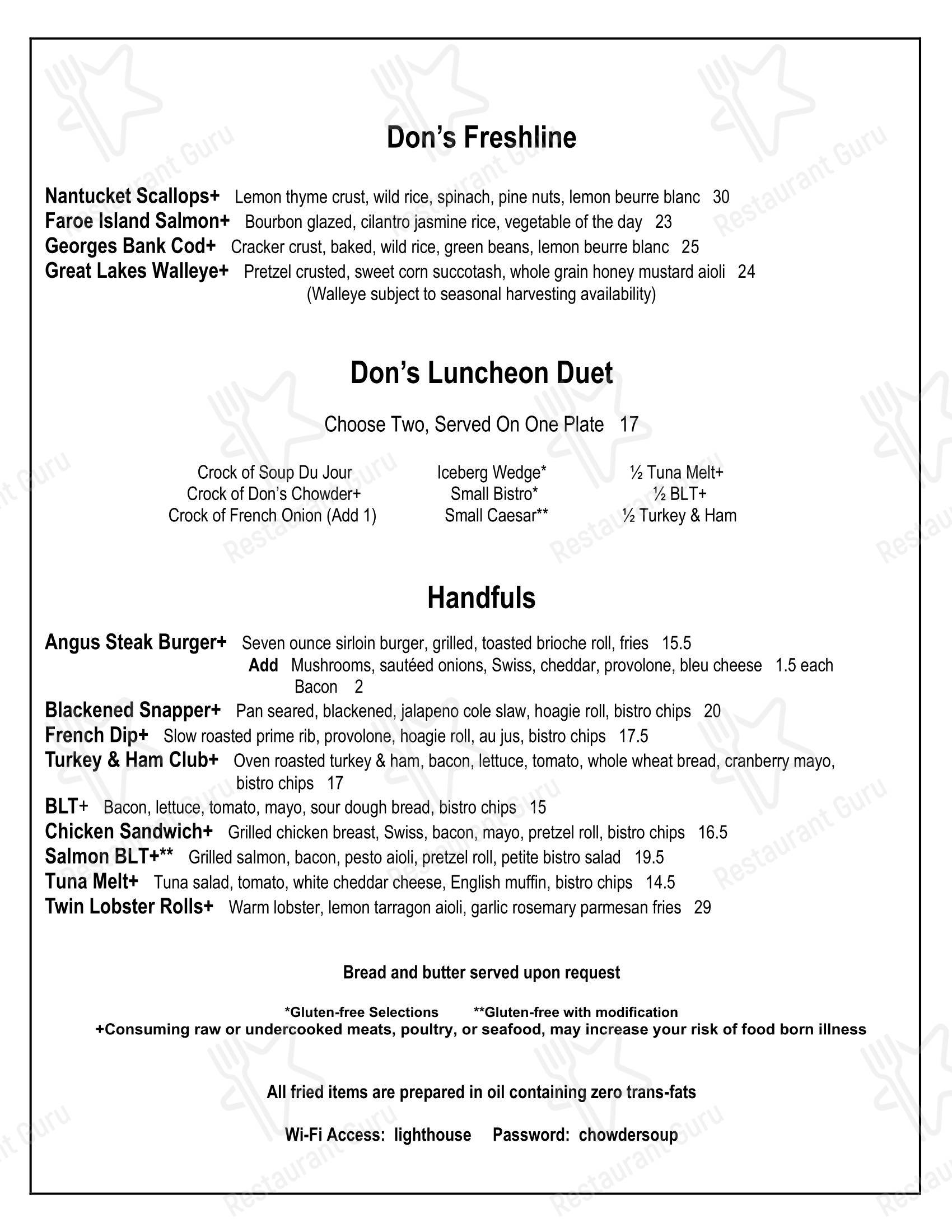 Основное меню стейк хауса Don's Lighthouse Grille в Кливленде