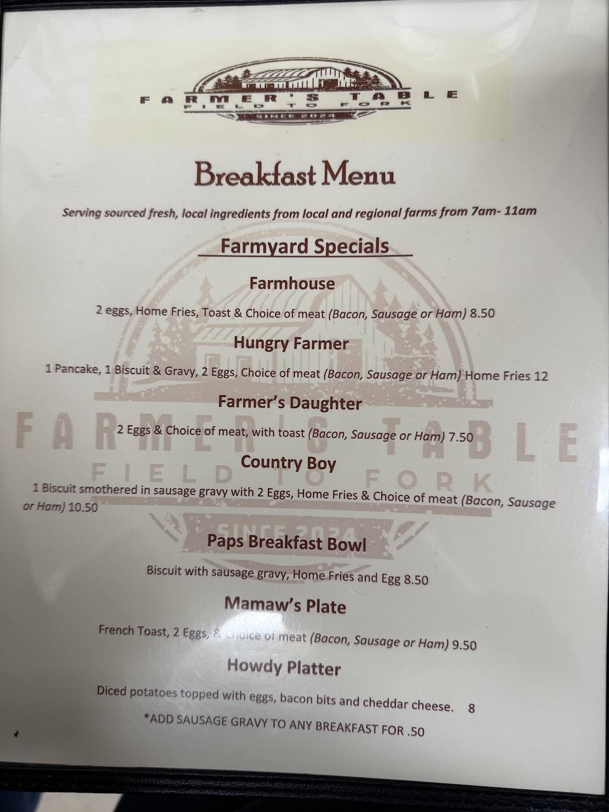 Farmer's Table меню