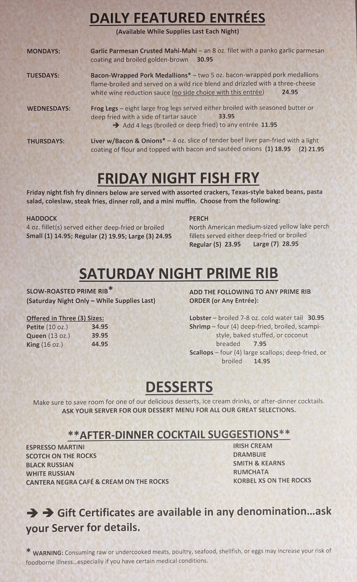 Fireside Supper Club меню