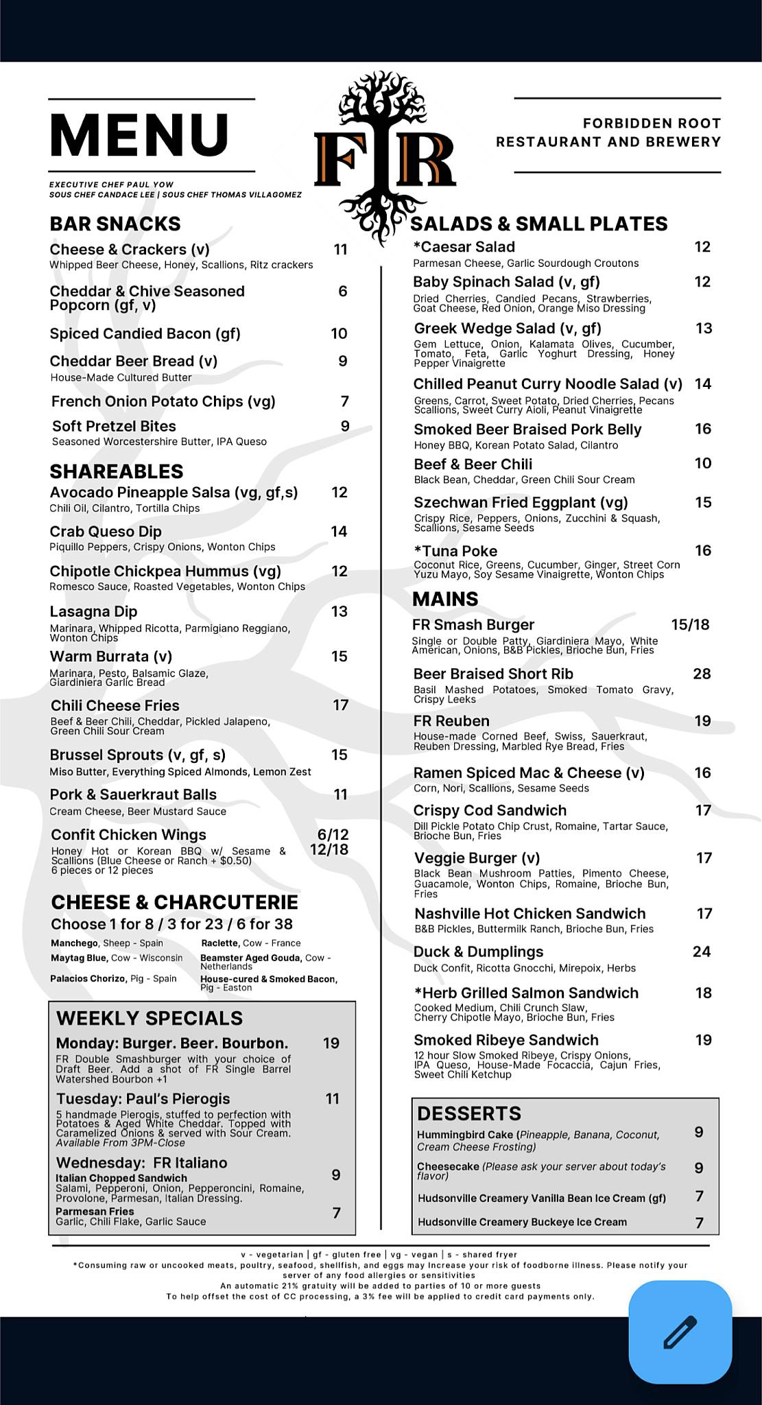 Forbidden Root Restaurant & Brewery - Columbus меню