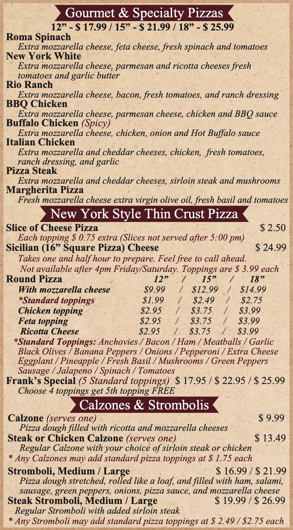 Frank's Pizza & Italian Restaurant меню