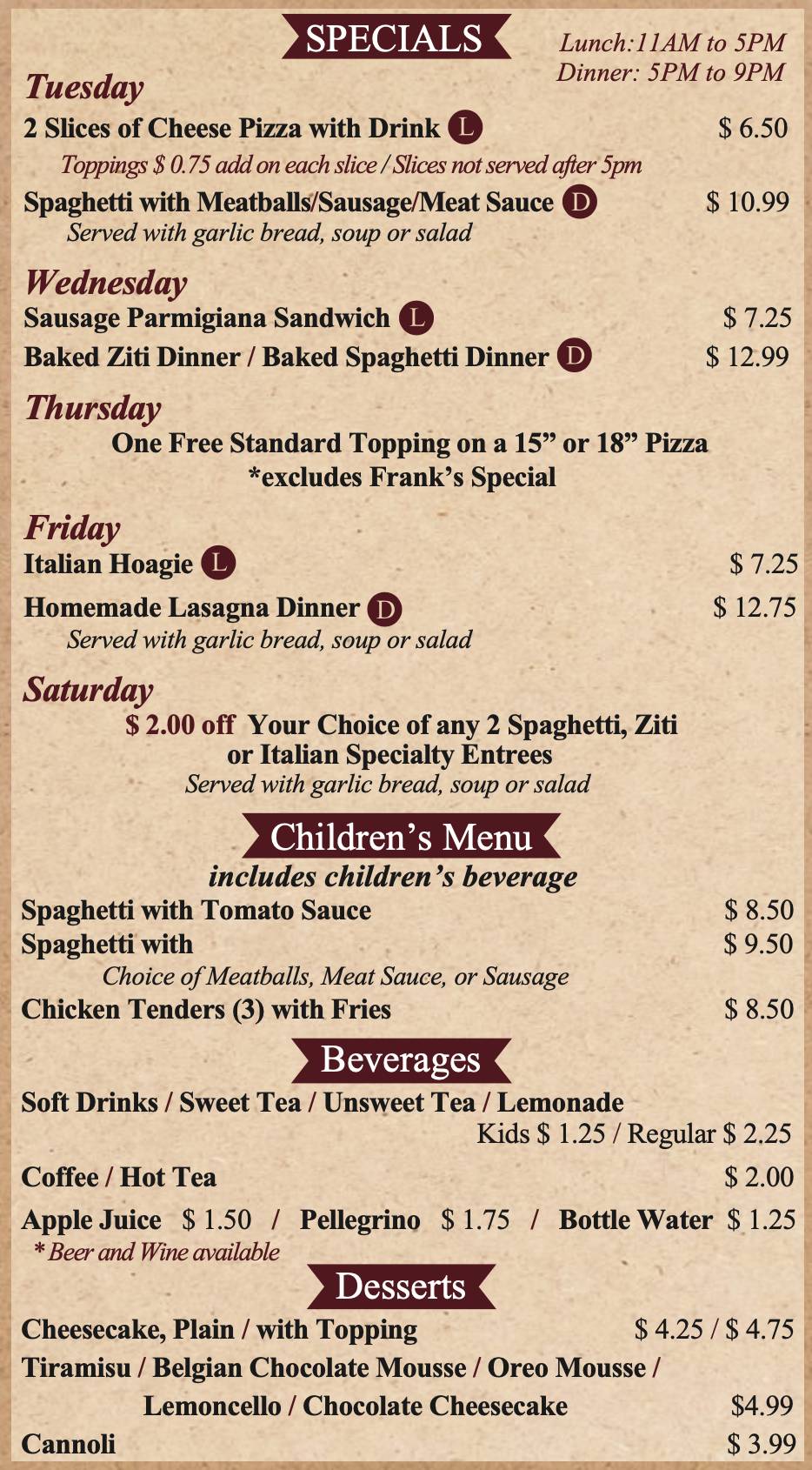 Frank's Pizza & Italian Restaurant меню