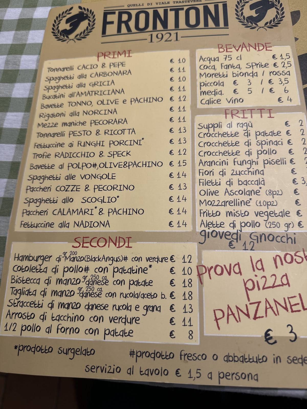 Frontoni dal 1921 меню