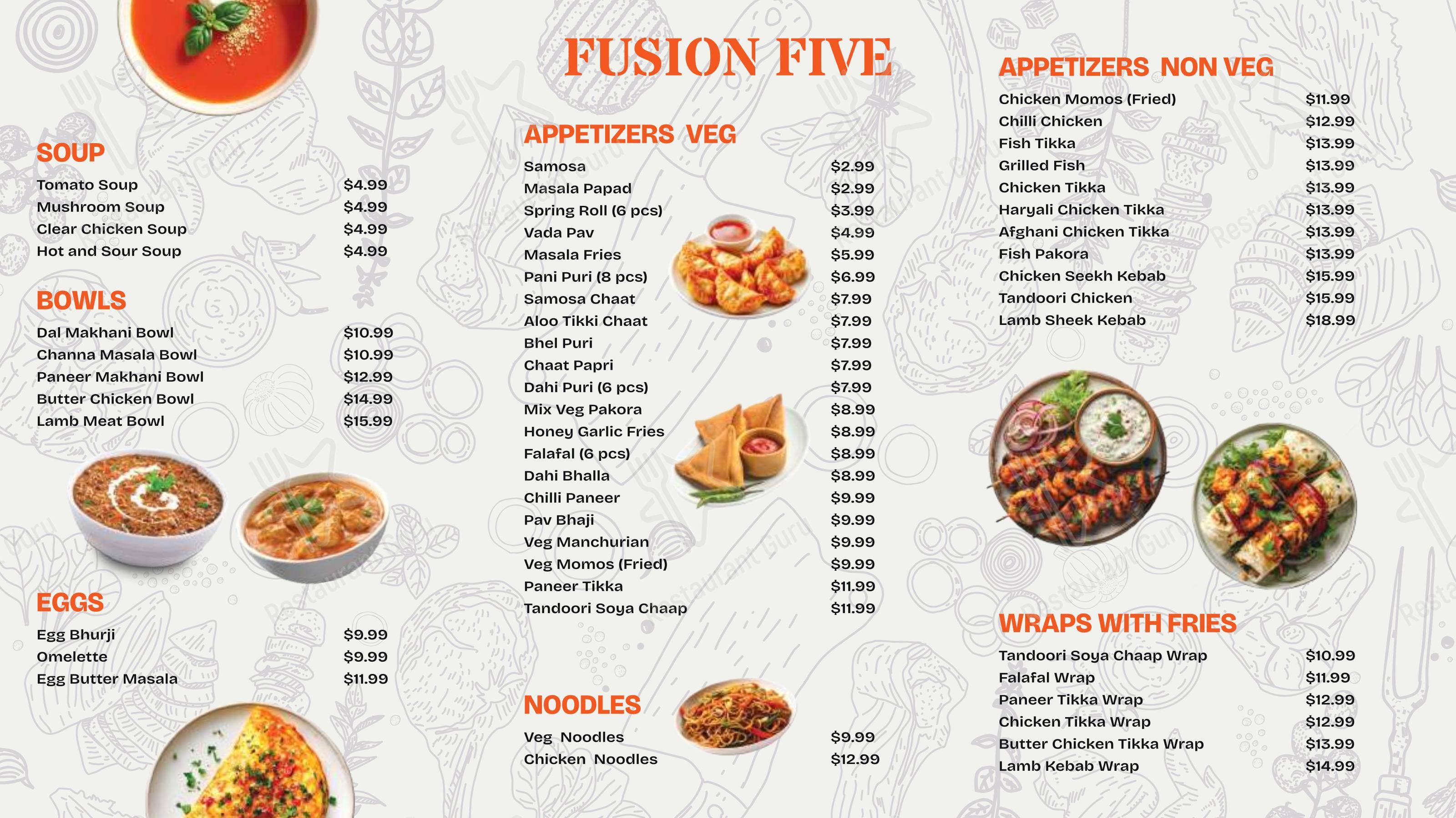 Меню ресторана Fusion Five Restaurant (Indian, Indo-Chinese, Tandoori Delight, Sweets & Chaat) - Меню