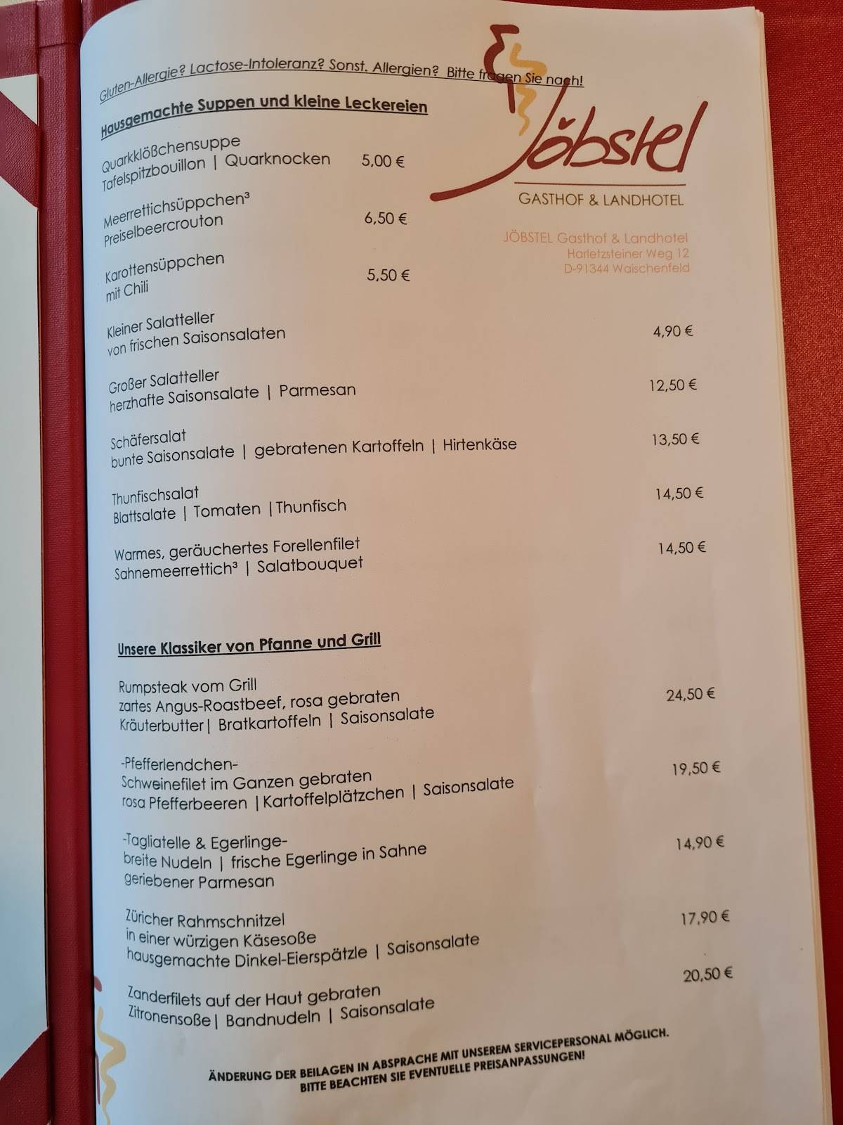 Gasthof Landhotel Jöbstel Waischenfeld меню