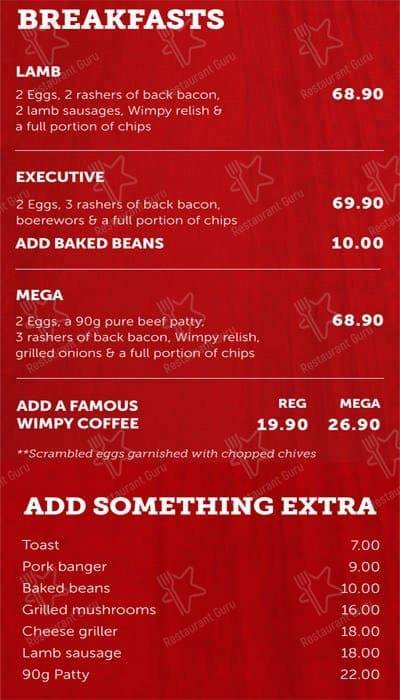Wimpy Garden Route Mall меню
