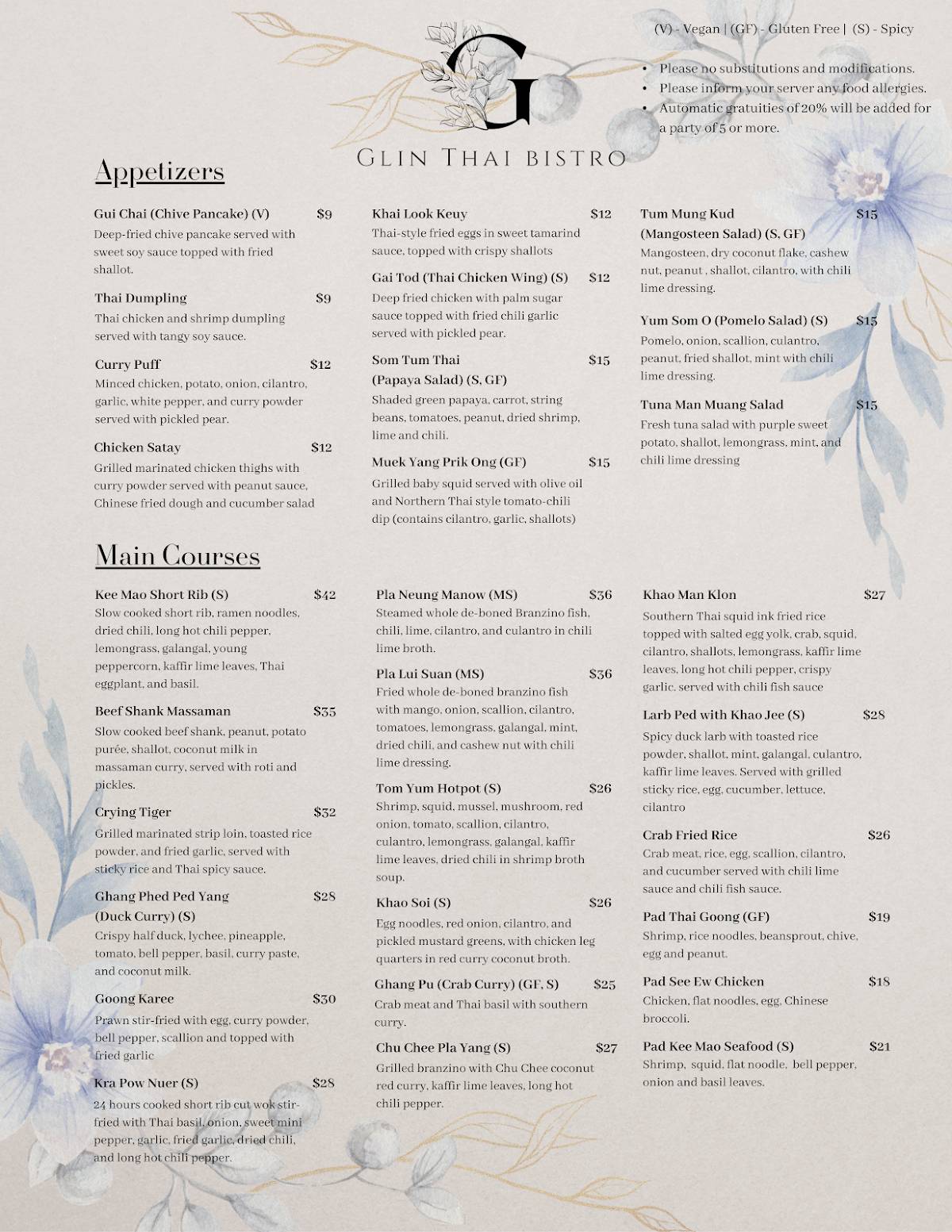 Glin Thai Bistro меню