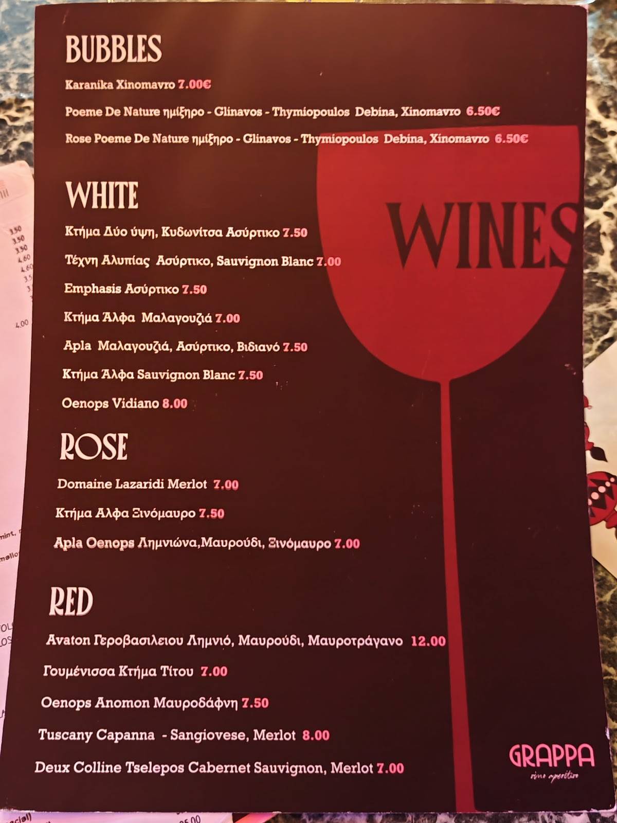 Grappa Vino & Aperitivo меню