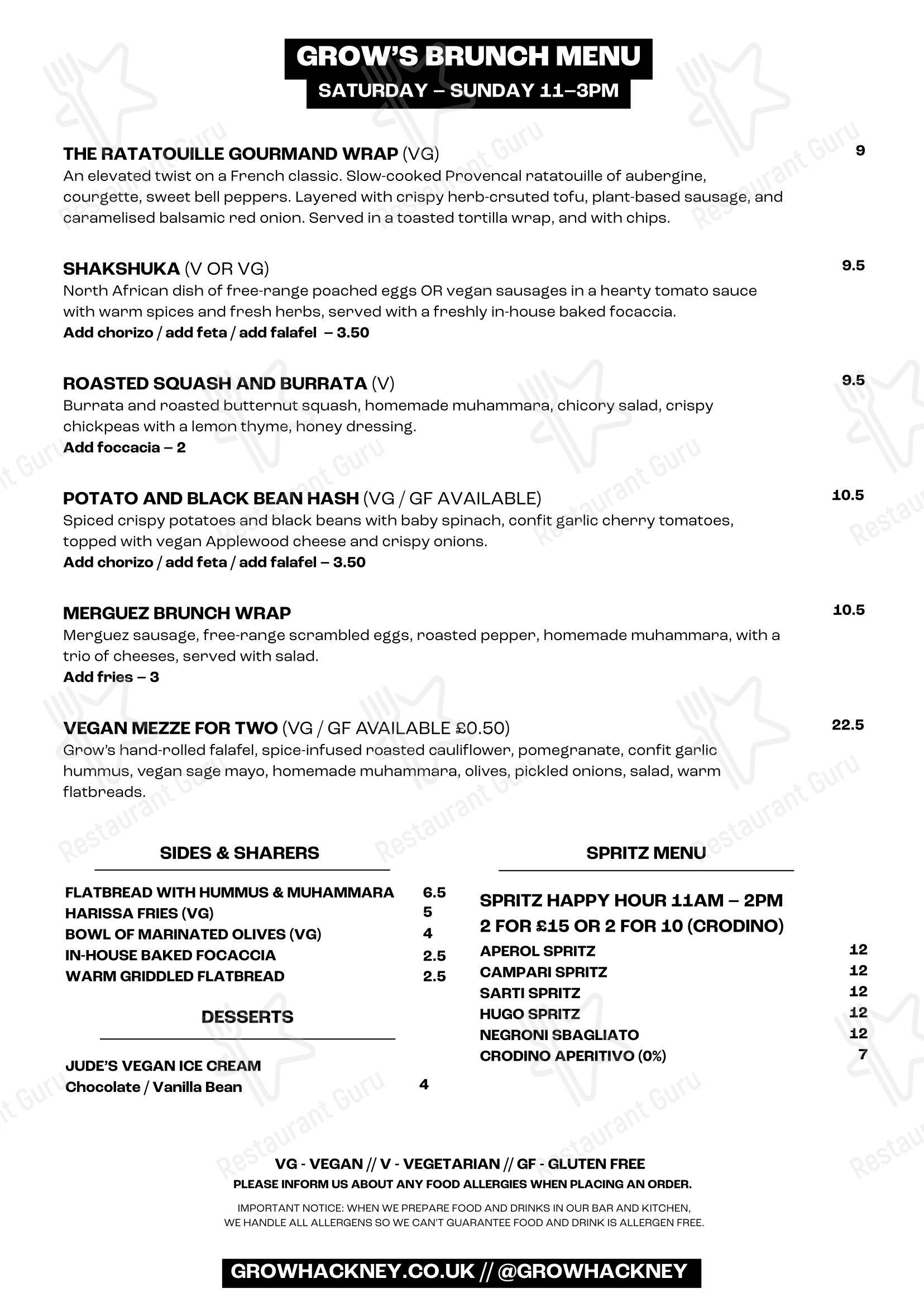 Dinner Menu паба и бара Grow