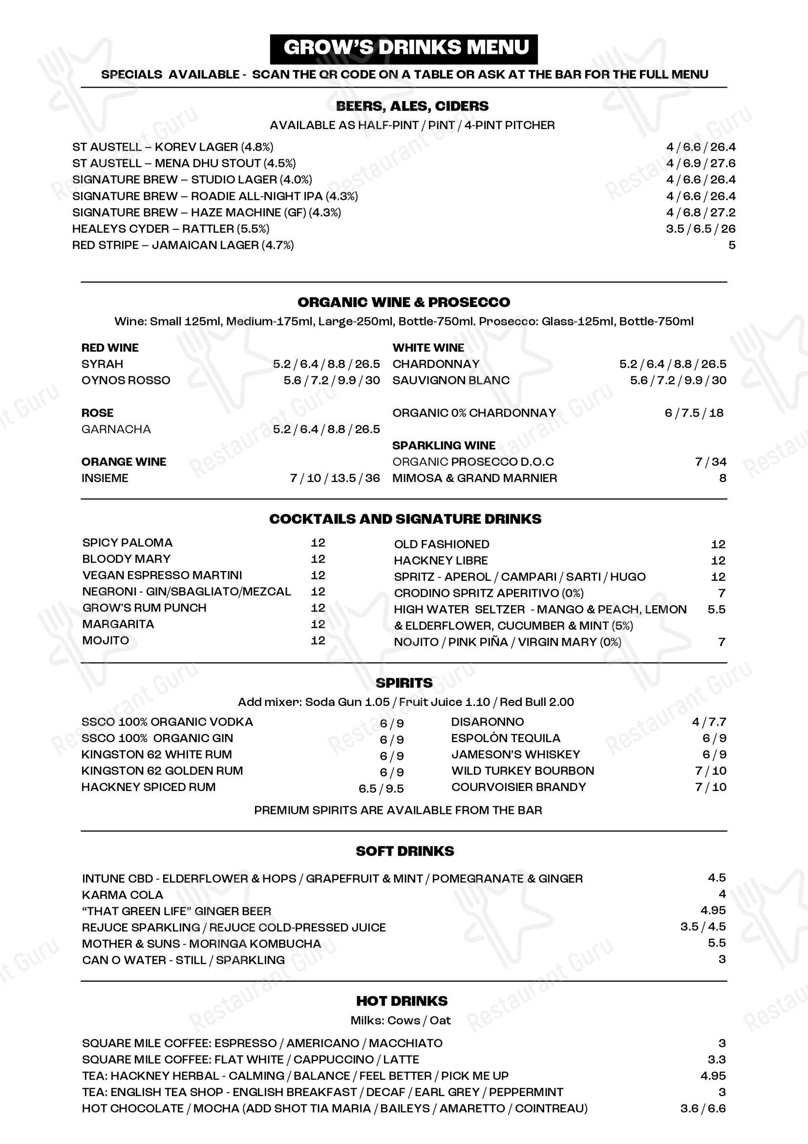 Меню паба и бара Grow - Wine Menu