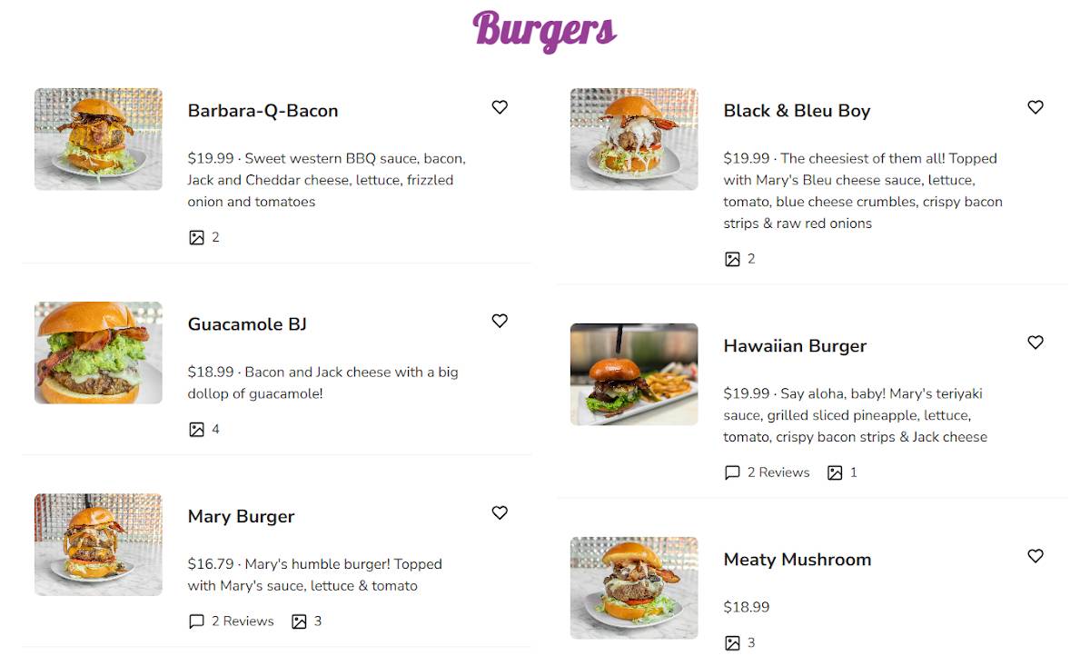 Hamburger Mary's - Ontario меню