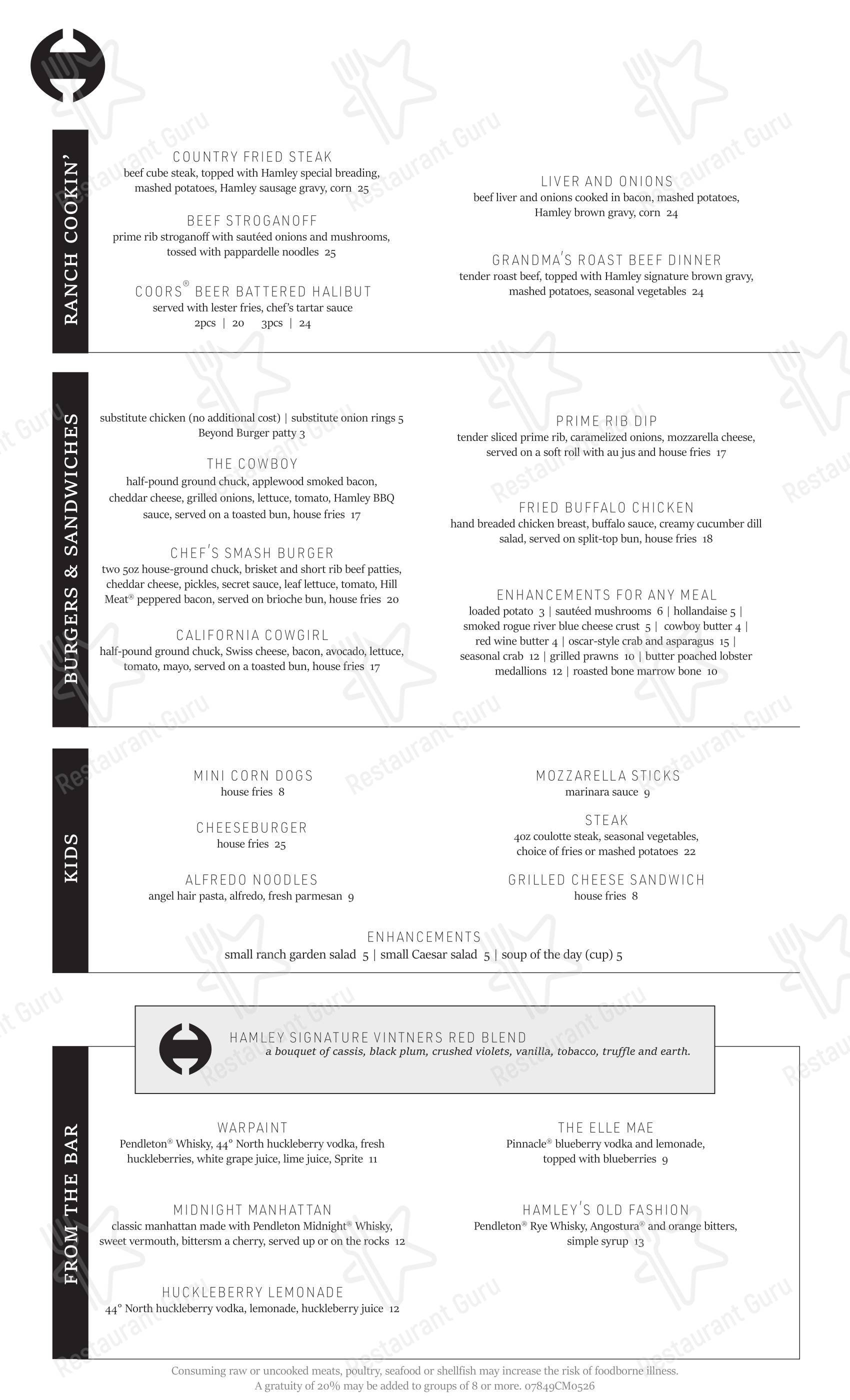 Hamley Cafe в Пендлтоне - Table Menu