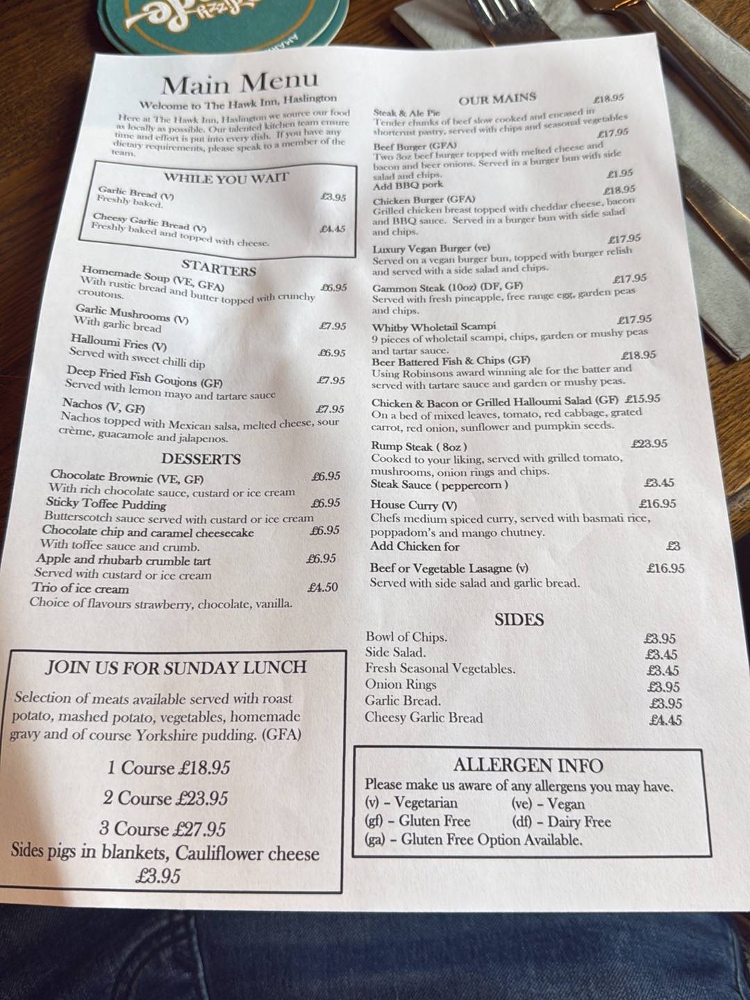 Hawk Inn, Haslington меню