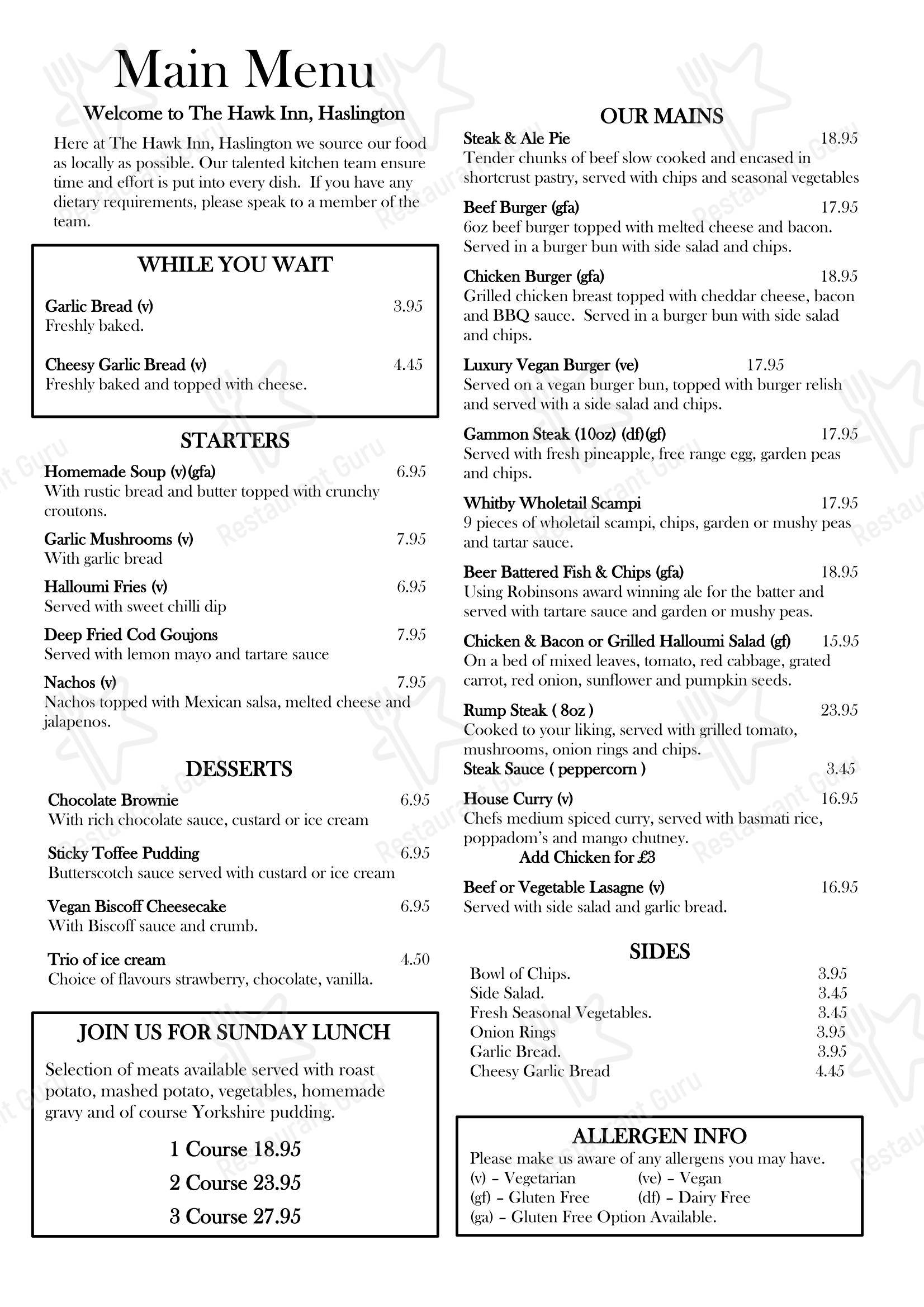 Меню паба и бара Hawk Inn, Haslington