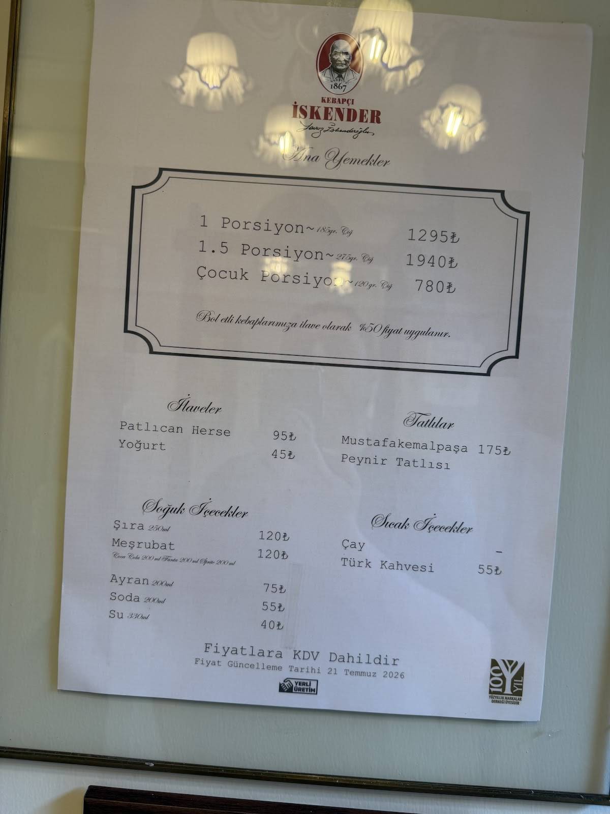 İSKENDER Kuruluş 1867 меню