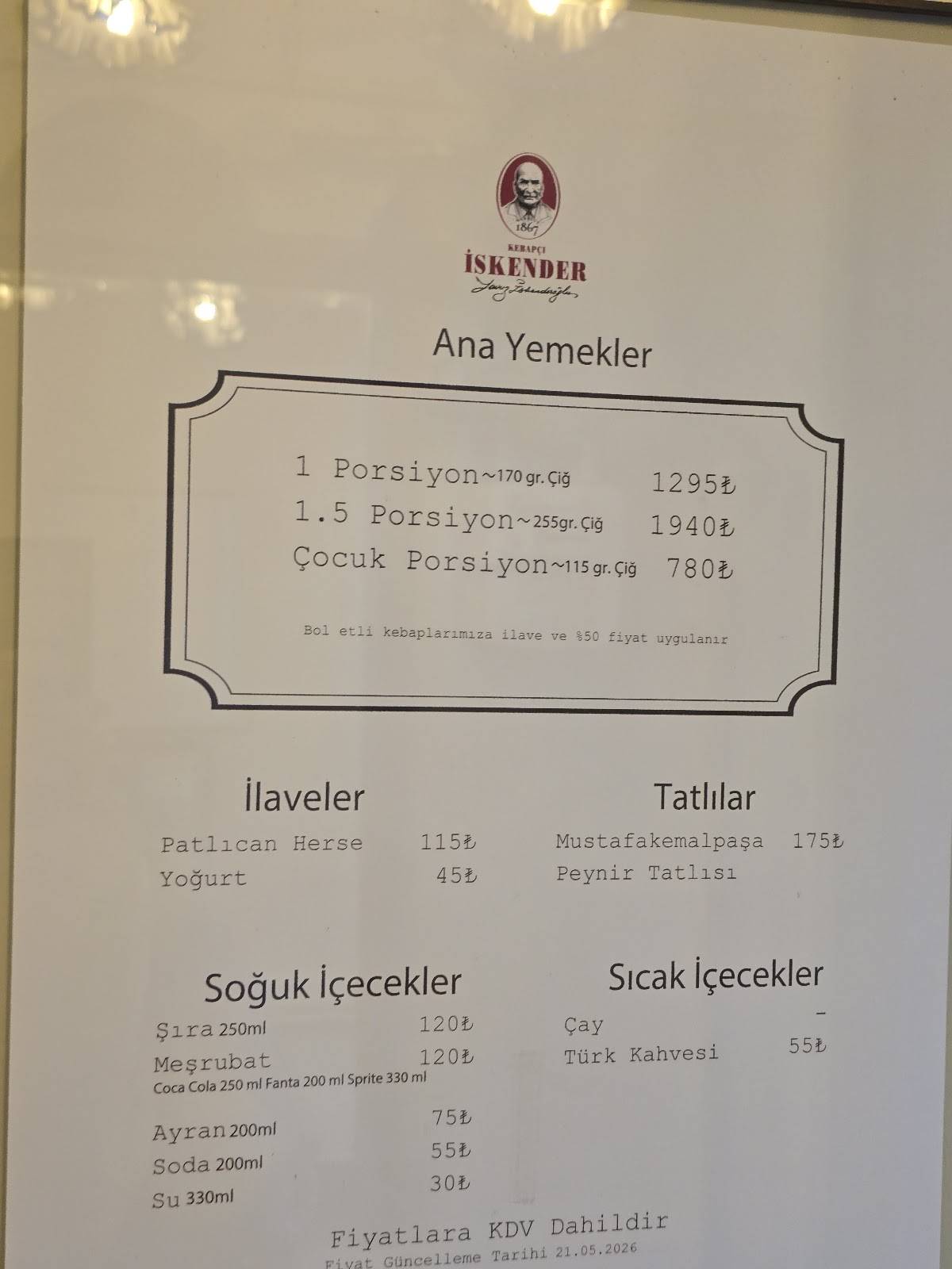 İSKENDER Kuruluş 1867 меню