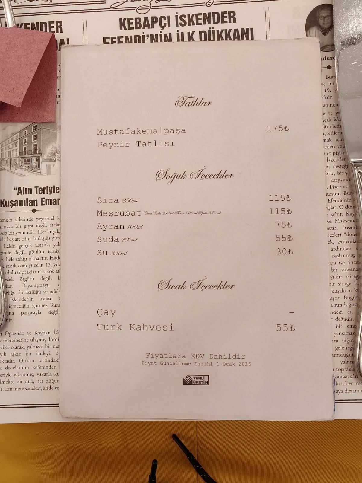 İSKENDER Kuruluş 1867 меню