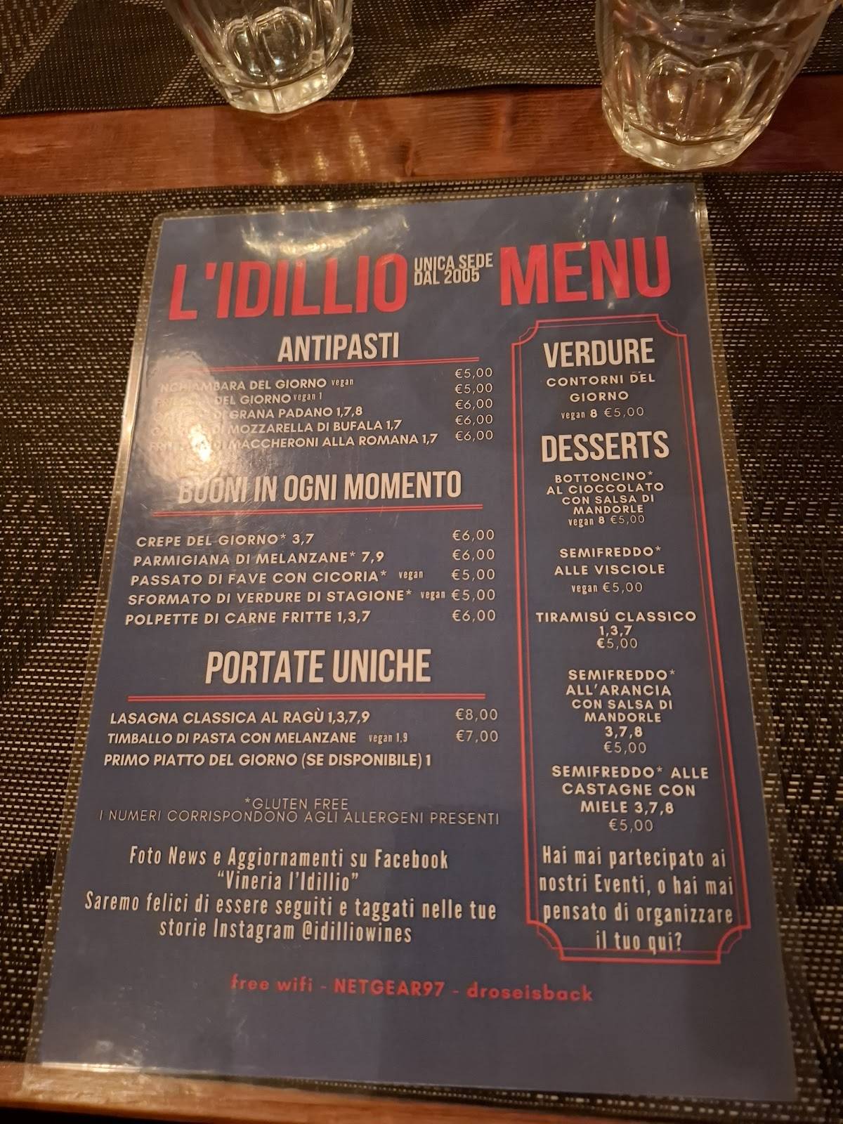 Vineria l'Idillio меню