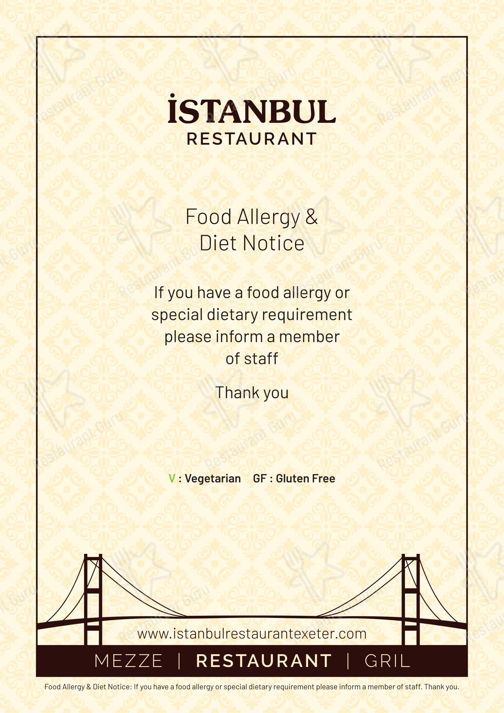 Istanbul Restaurant в Эксетере - Меню