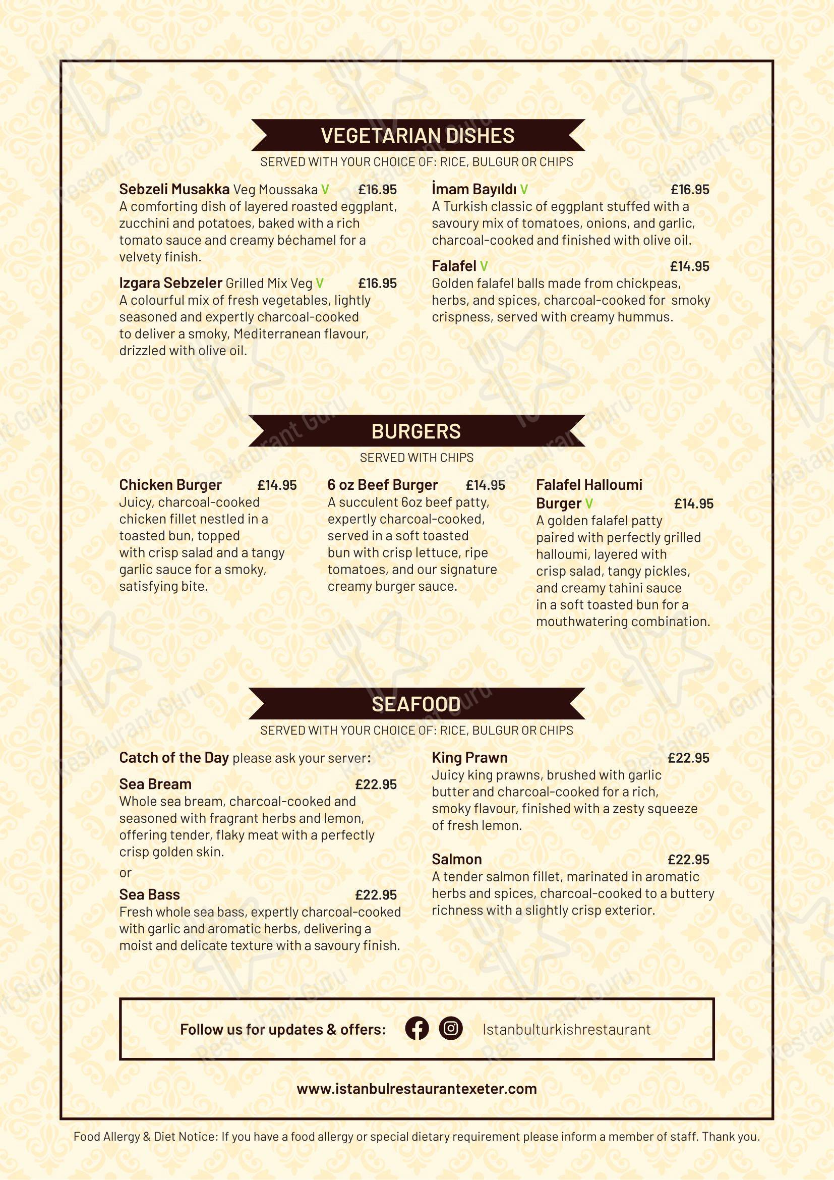 Меню ресторана Istanbul Restaurant в Эксетере