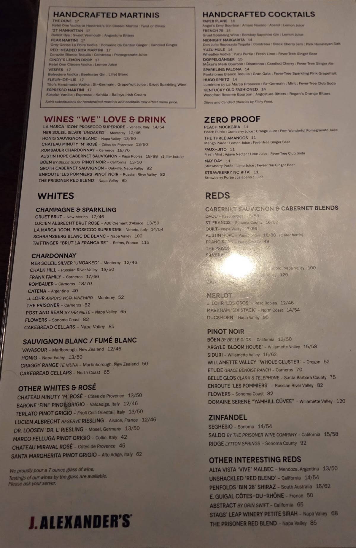 J. Alexander's Restaurant меню