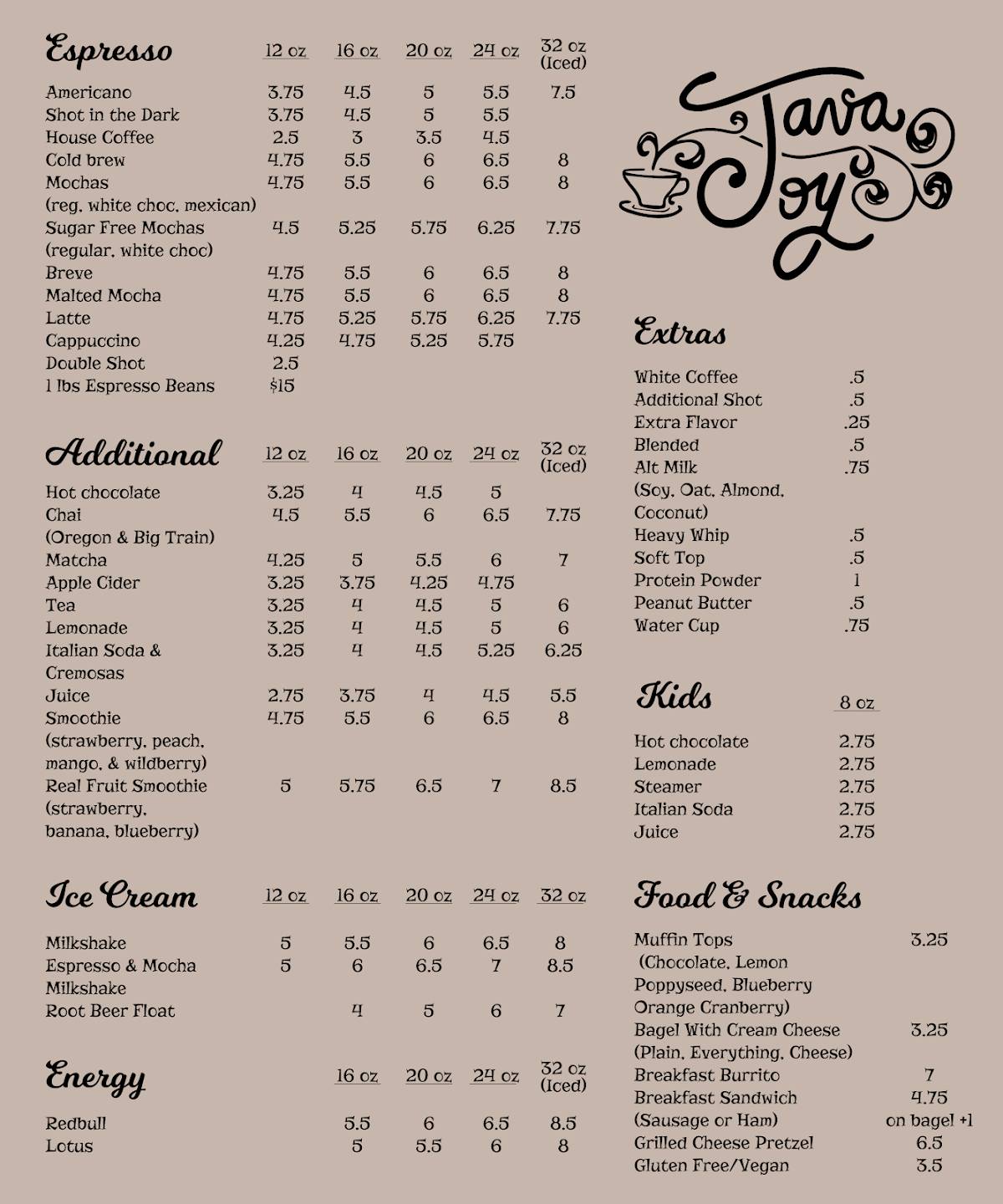 Java Joy LLC меню